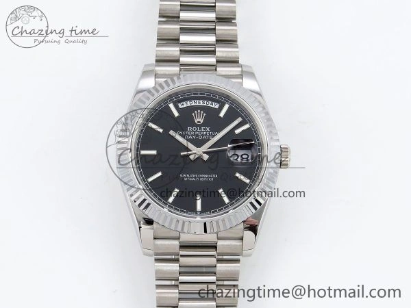 DayDate 40 SS JDF 904L Steel Black Stick Dial on President Bracelet VR3255 V3 (Gain Weight)
