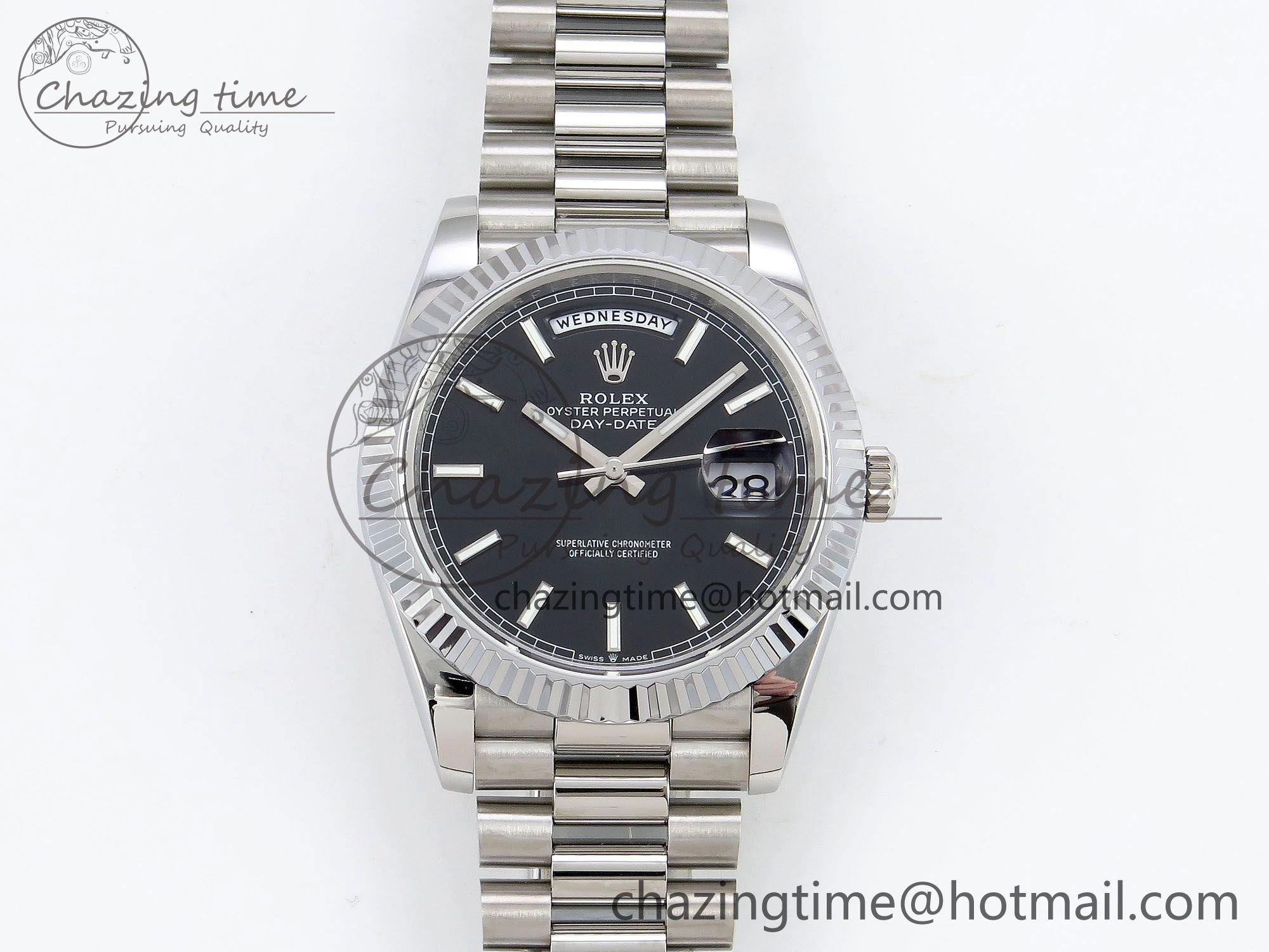 DayDate 40 SS JDF 904L Steel Black Stick Dial on President Bracelet VR3255 V3 (Gain Weight)