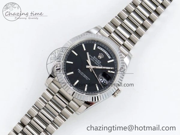 DayDate 40 SS JDF 904L Steel Black Stick Dial on President Bracelet VR3255 V3 (Gain Weight)