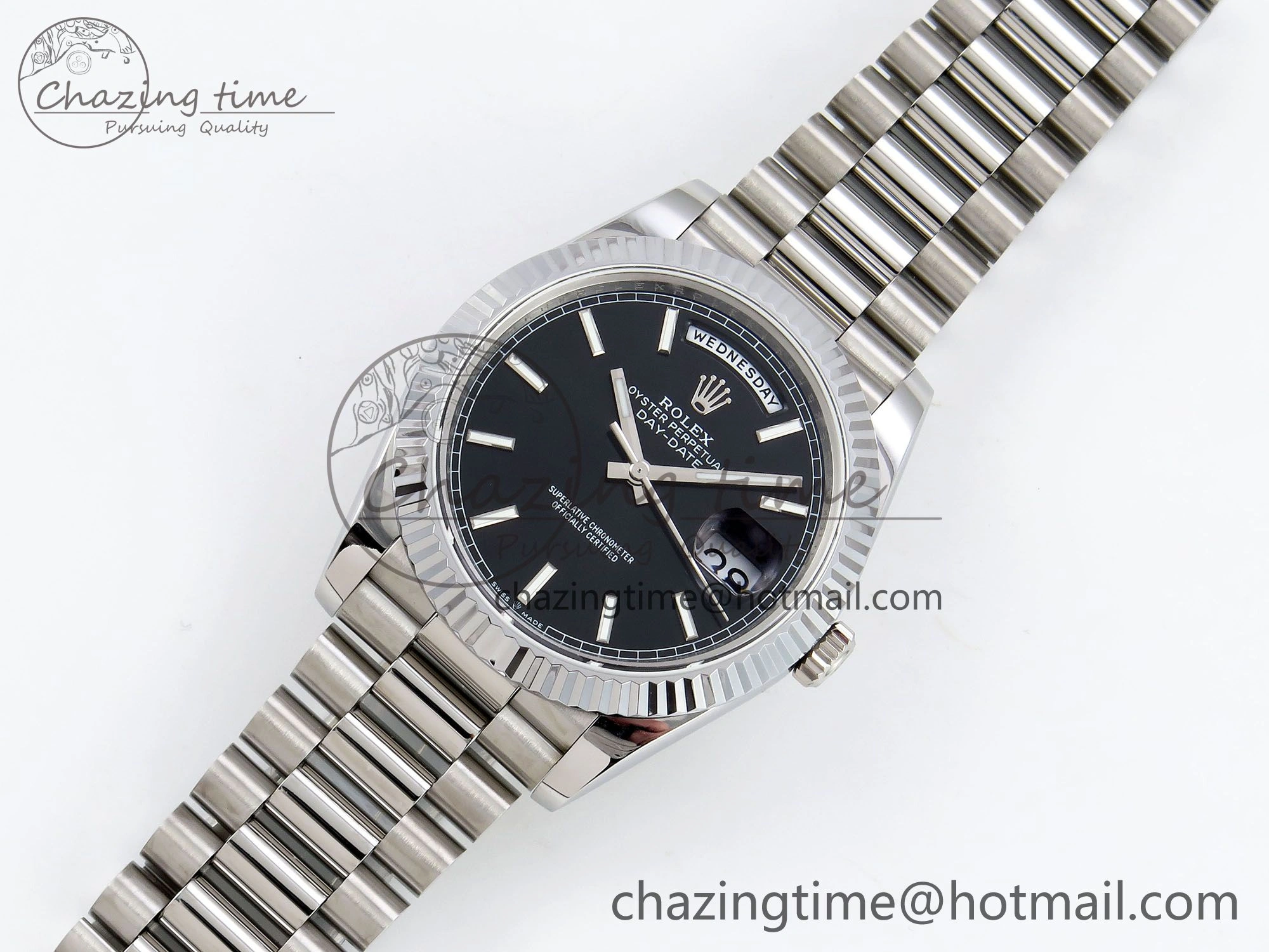 DayDate 40 SS JDF 904L Steel Black Stick Dial on President Bracelet VR3255 V3 (Gain Weight)