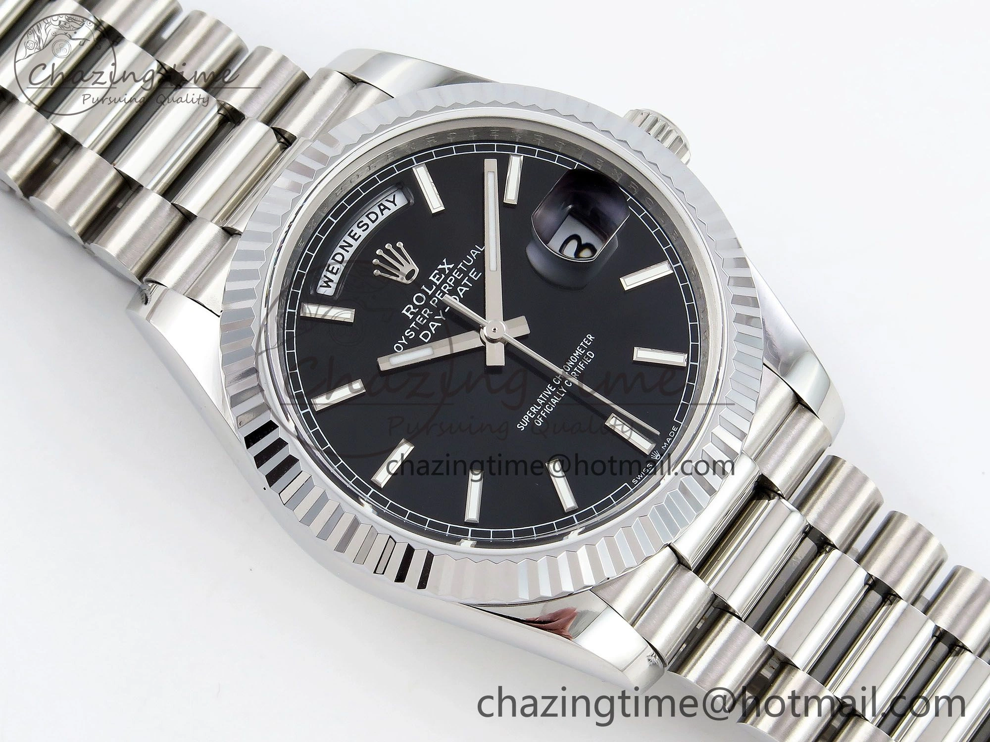 DayDate 40 SS JDF 904L Steel Black Stick Dial on President Bracelet VR3255 V3 (Gain Weight)
