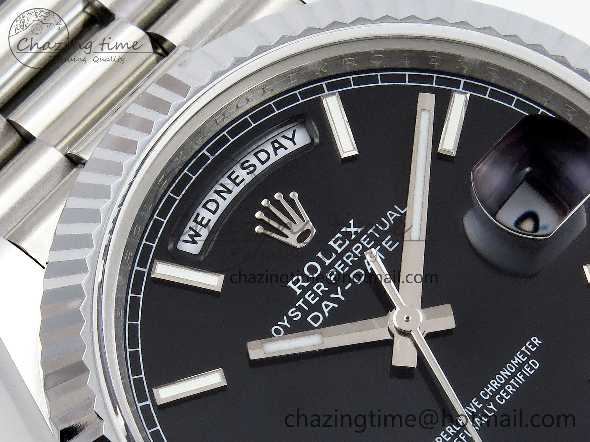 DayDate 40 SS JDF 904L Steel Black Stick Dial on President Bracelet VR3255 V3 (Gain Weight)
