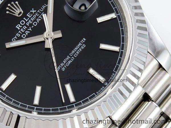 DayDate 40 SS JDF 904L Steel Black Stick Dial on President Bracelet VR3255 V3 (Gain Weight)