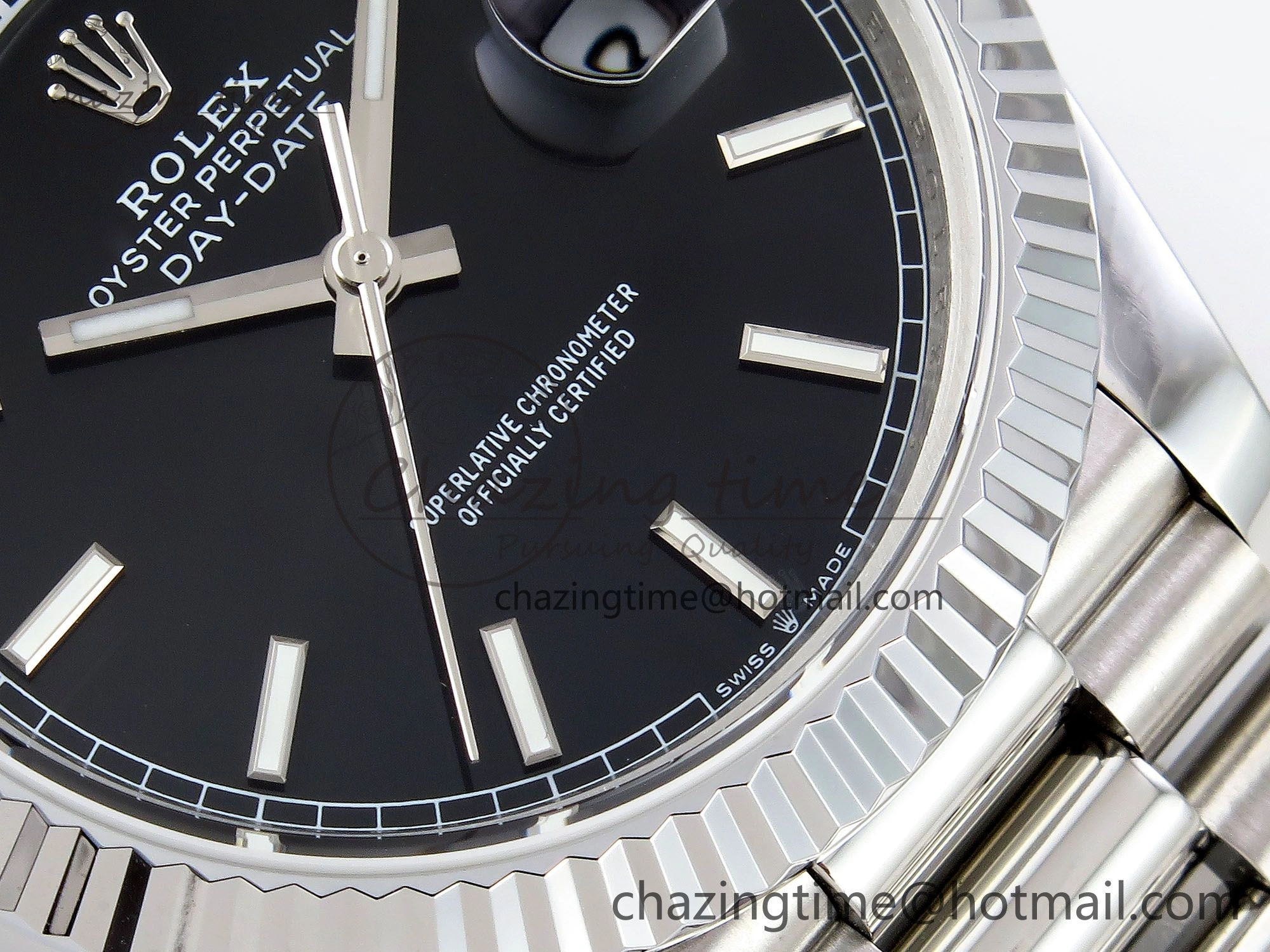 DayDate 40 SS JDF 904L Steel Black Stick Dial on President Bracelet VR3255 V3 (Gain Weight)