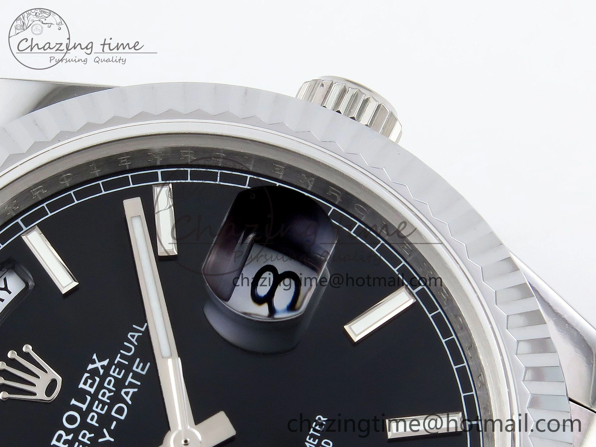 DayDate 40 SS JDF 904L Steel Black Stick Dial on President Bracelet VR3255 V3 (Gain Weight)