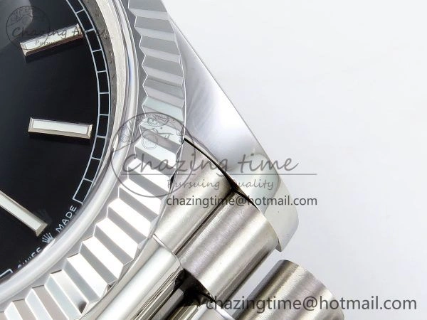 DayDate 40 SS JDF 904L Steel Black Stick Dial on President Bracelet VR3255 V3 (Gain Weight)