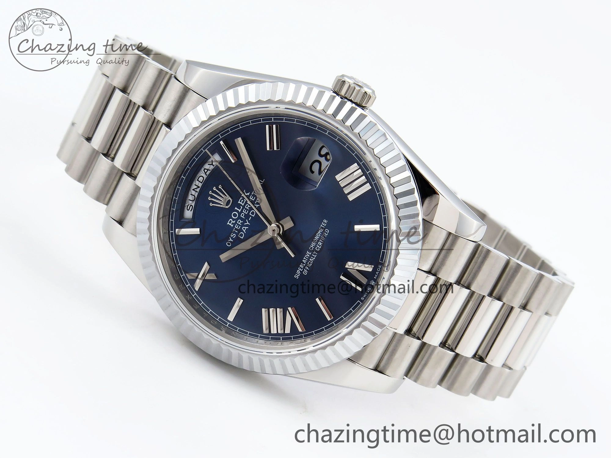 DayDate 40 SS JDF 904L Steel Blue Roman Dial on President Bracelet VR3255 V3 (Gain Weight)