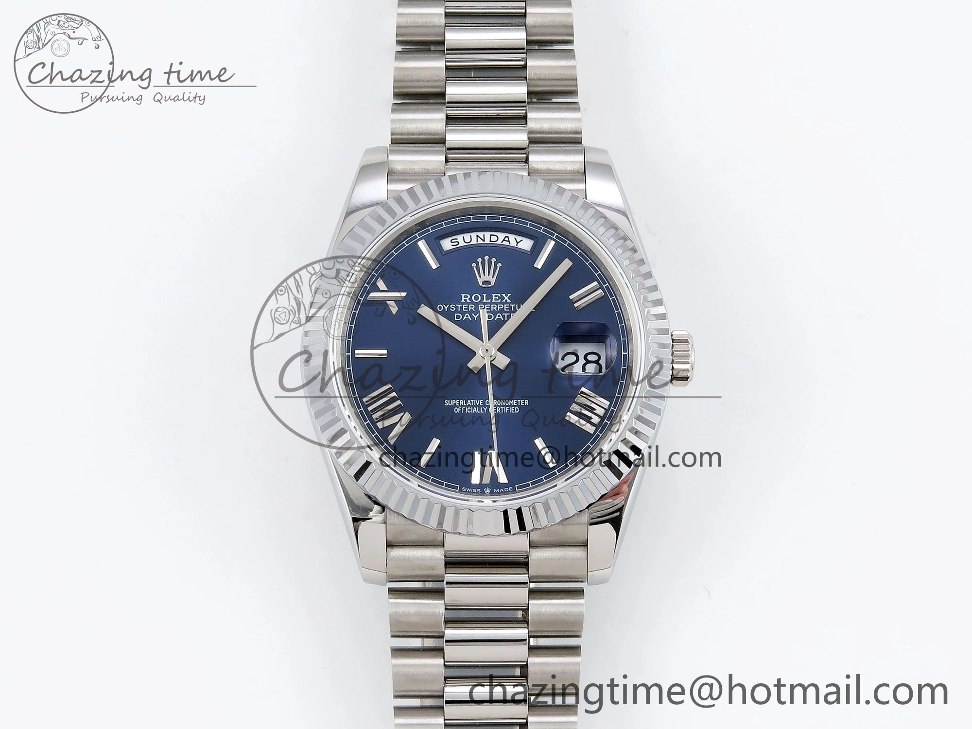 DayDate 40 SS JDF 904L Steel Blue Roman Dial on President Bracelet VR3255 V3 (Gain Weight)