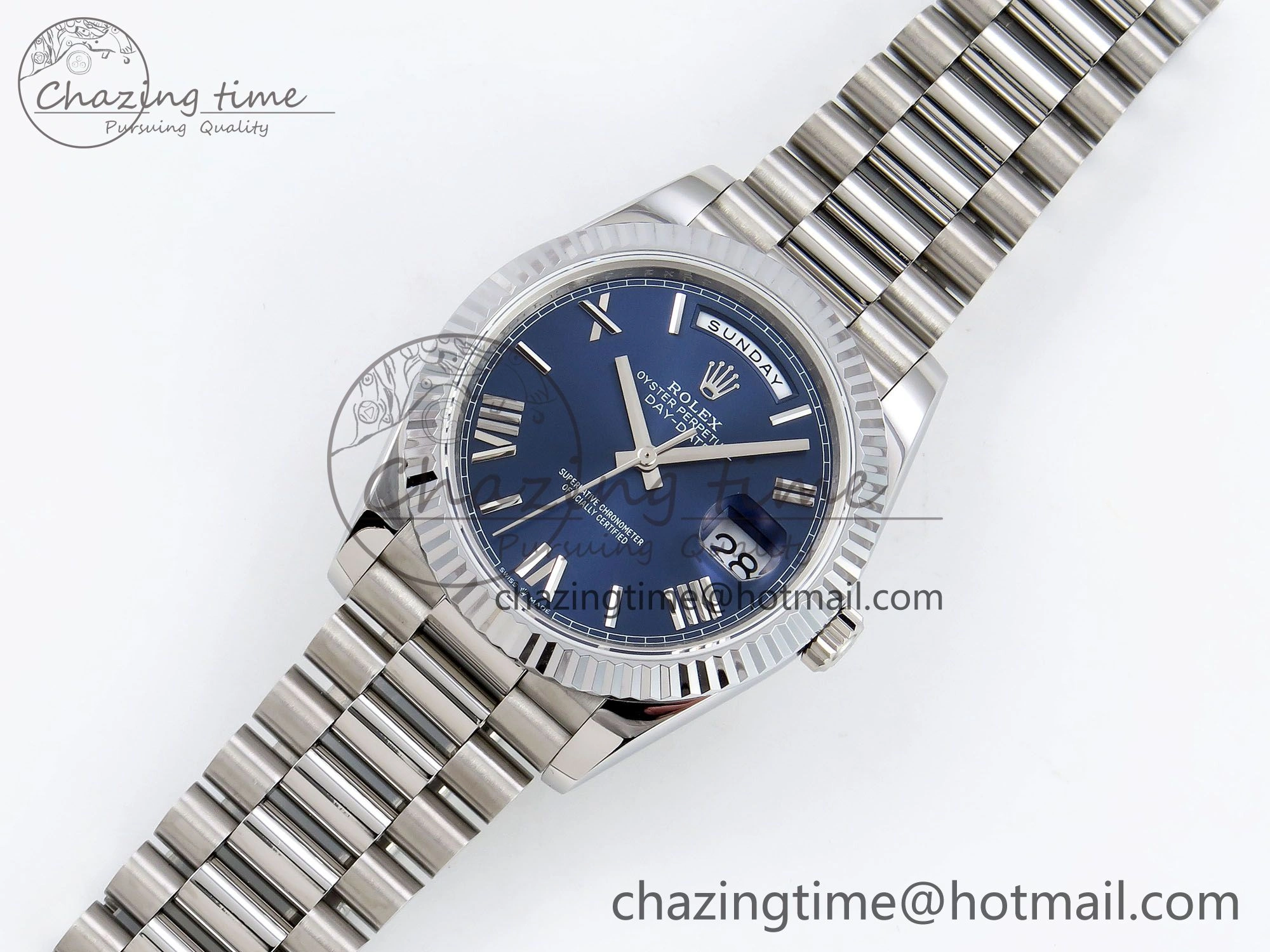 DayDate 40 SS JDF 904L Steel Blue Roman Dial on President Bracelet VR3255 V3 (Gain Weight)