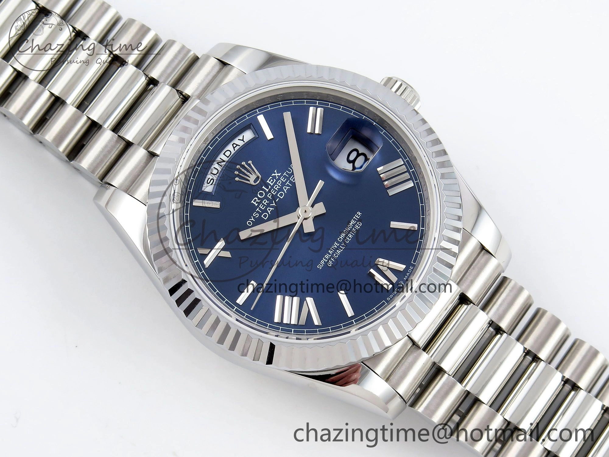 DayDate 40 SS JDF 904L Steel Blue Roman Dial on President Bracelet VR3255 V3 (Gain Weight)