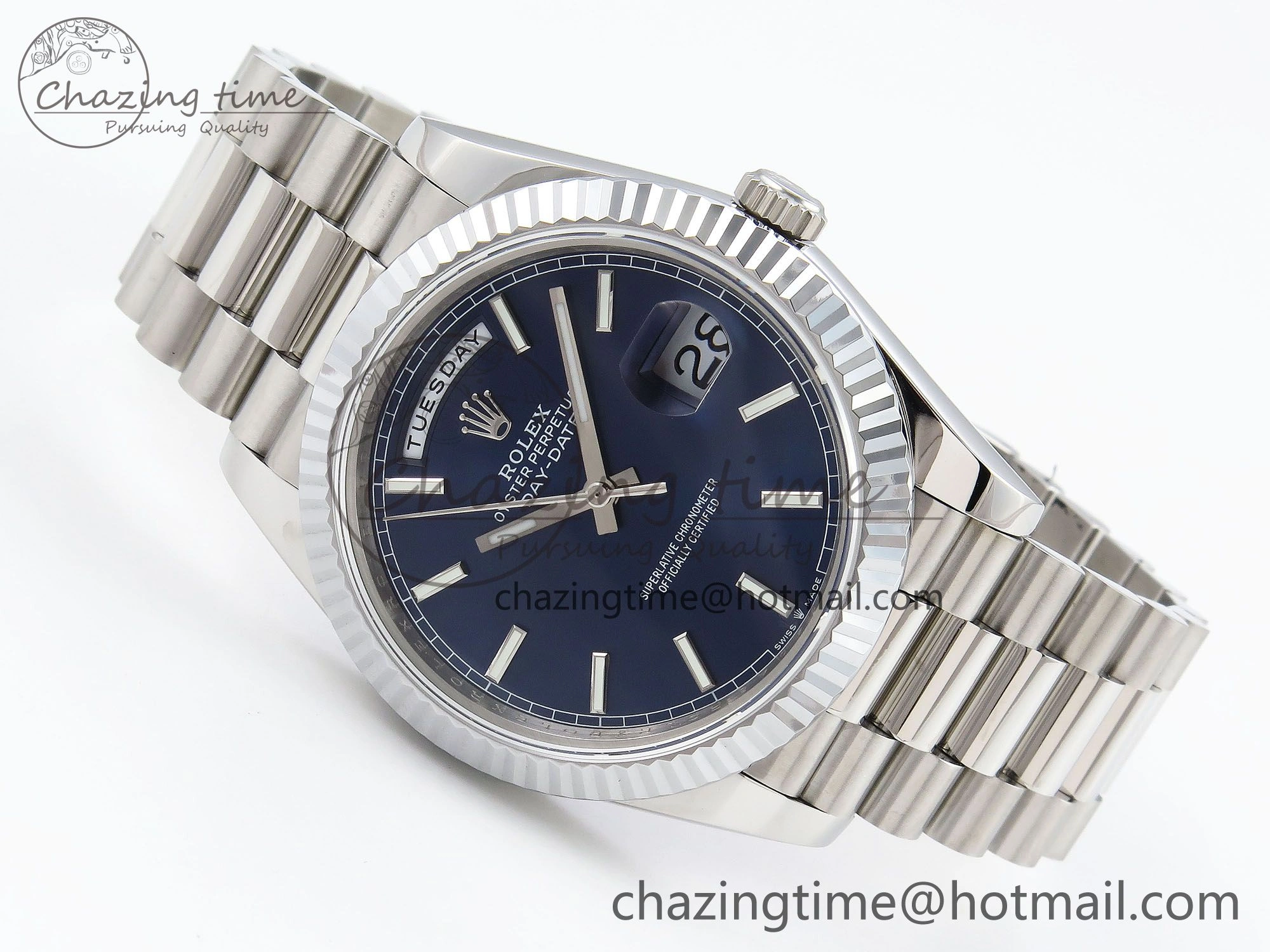 DayDate 40 SS JDF 904L Steel Blue Stick Dial on President Bracelet VR3255 V3 (Gain Weight)