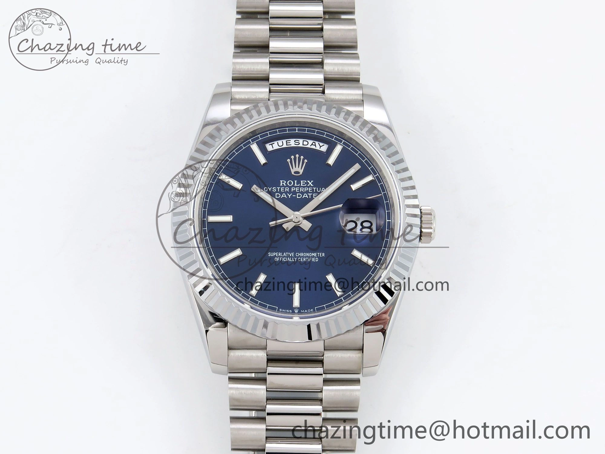 DayDate 40 SS JDF 904L Steel Blue Stick Dial on President Bracelet VR3255 V3 (Gain Weight)