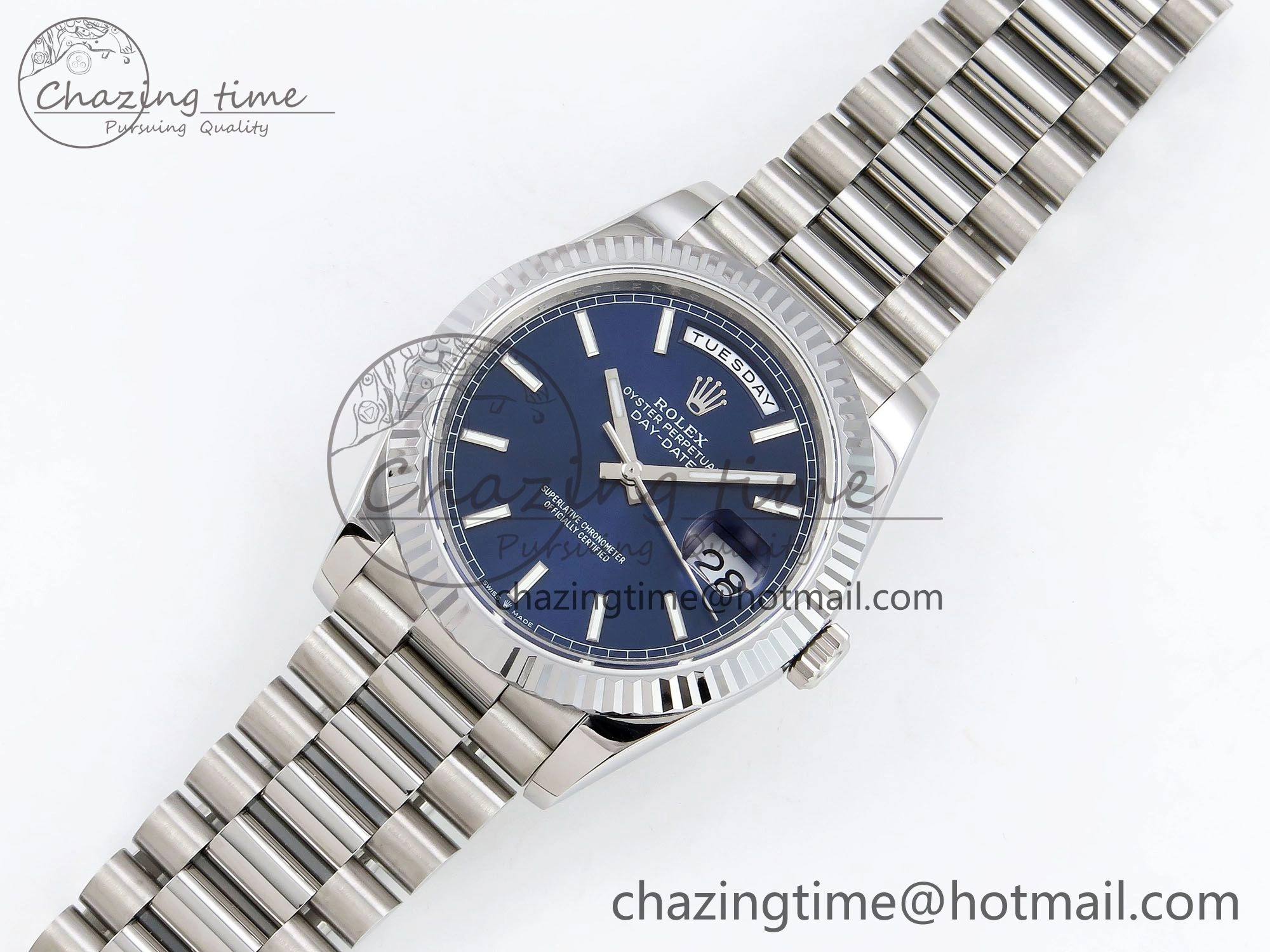 DayDate 40 SS JDF 904L Steel Blue Stick Dial on President Bracelet VR3255 V3 (Gain Weight)