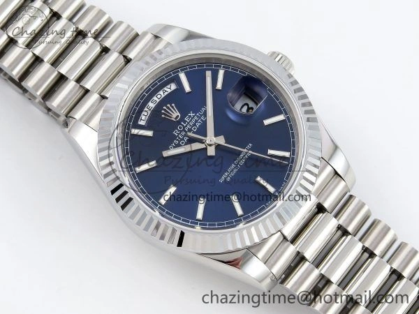 DayDate 40 SS JDF 904L Steel Blue Stick Dial on President Bracelet VR3255 V3 (Gain Weight)