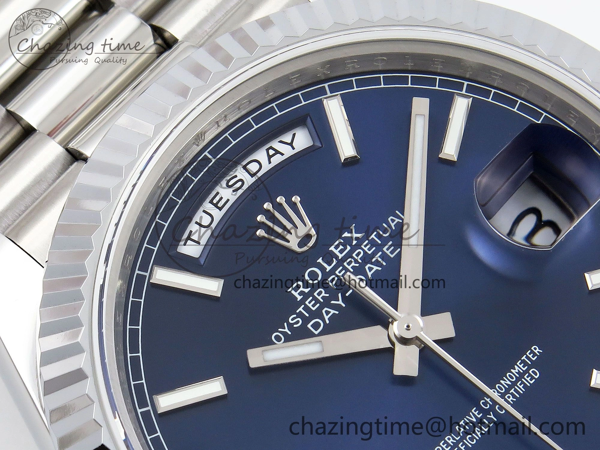 DayDate 40 SS JDF 904L Steel Blue Stick Dial on President Bracelet VR3255 V3 (Gain Weight)