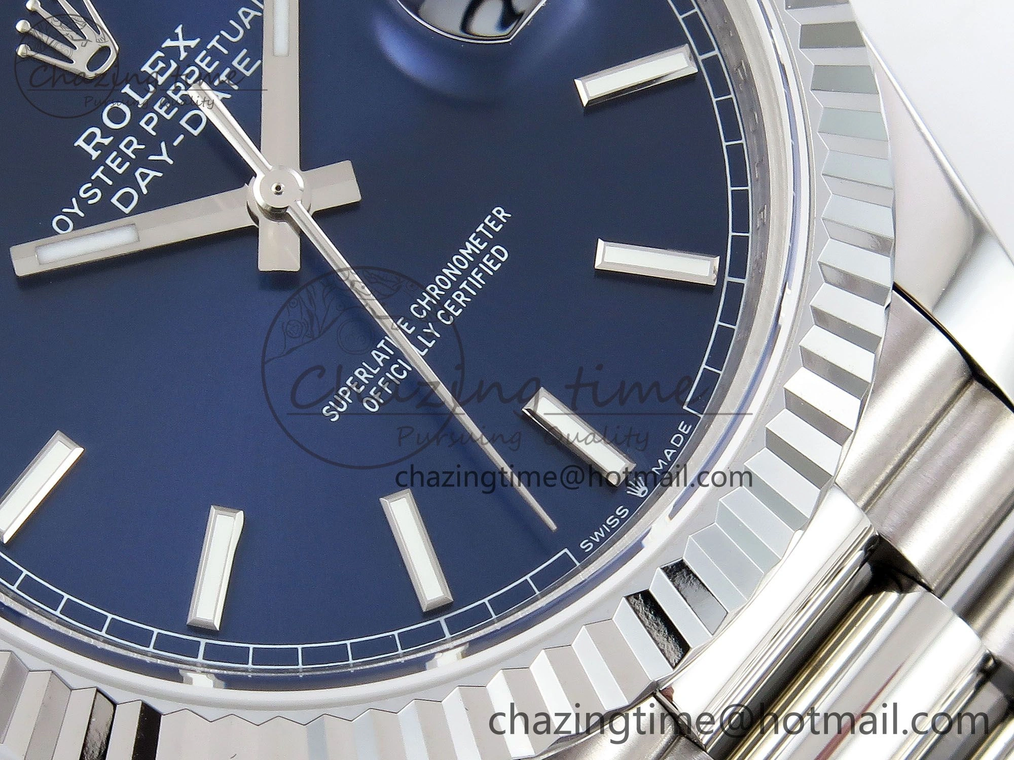 DayDate 40 SS JDF 904L Steel Blue Stick Dial on President Bracelet VR3255 V3 (Gain Weight)