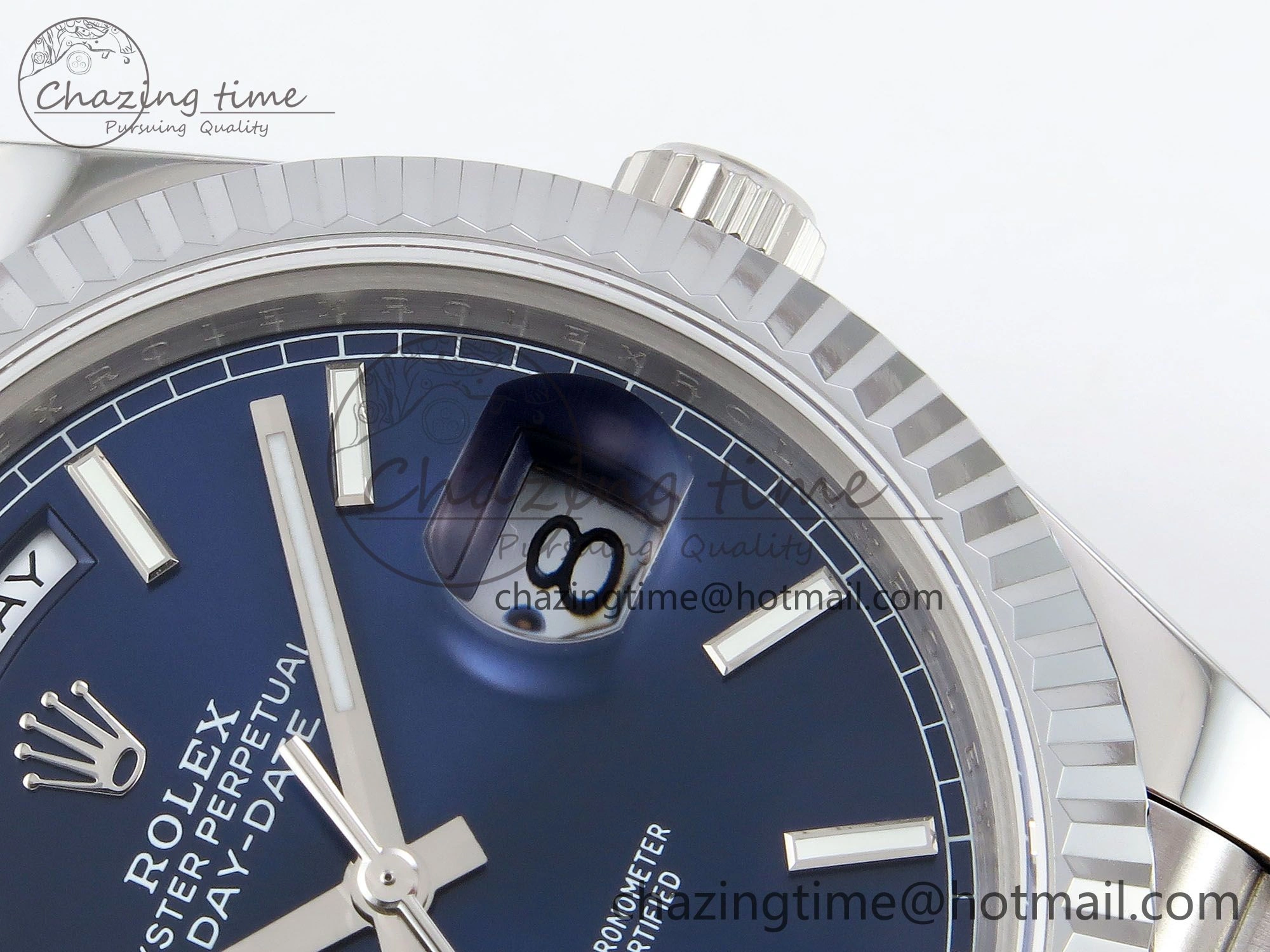 DayDate 40 SS JDF 904L Steel Blue Stick Dial on President Bracelet VR3255 V3 (Gain Weight)