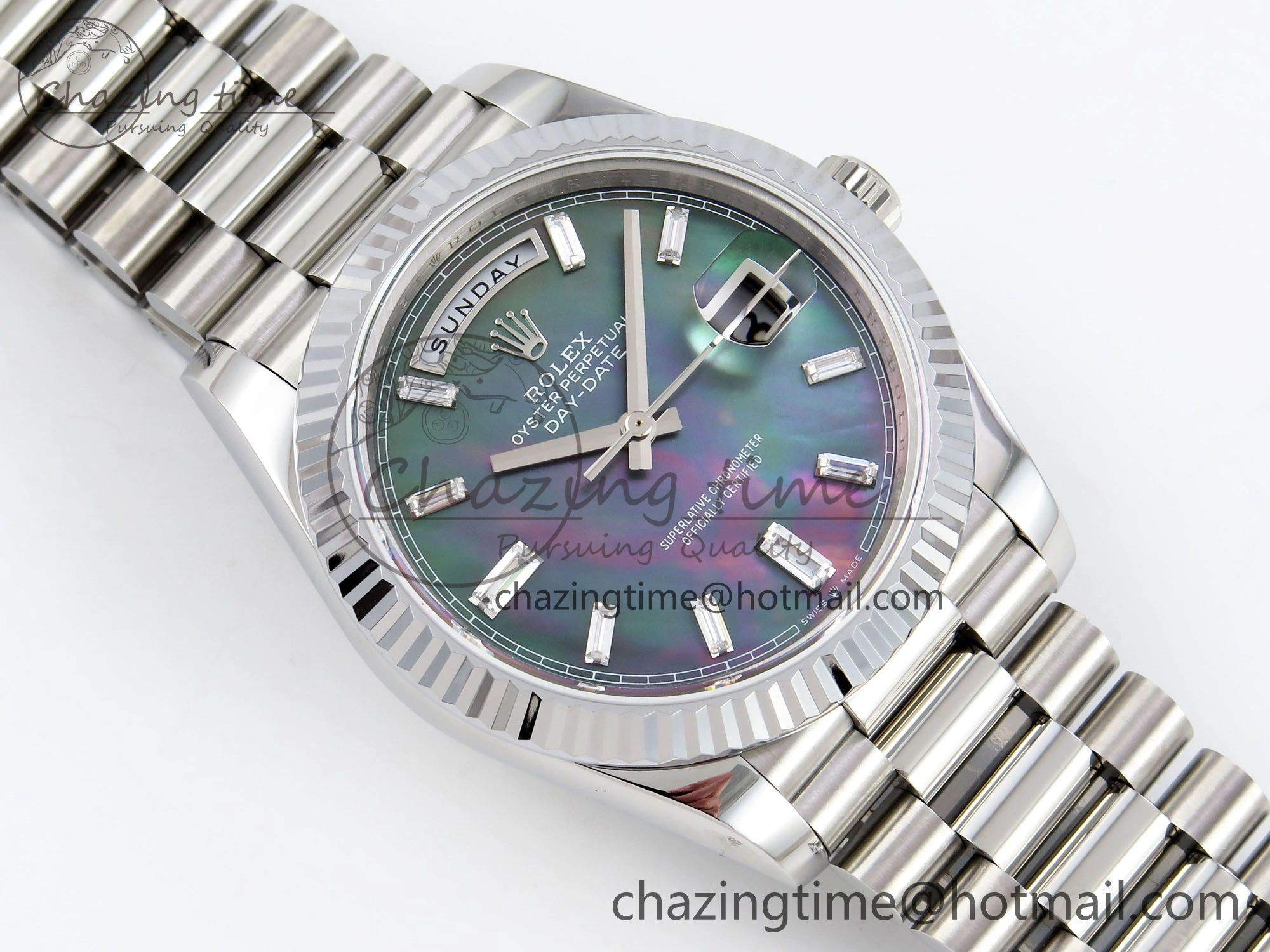 DayDate 40 SS JDF 904L Steel Gray MOP Crystal Dial on President Bracelet VR3255 V3 (Gain Weight)