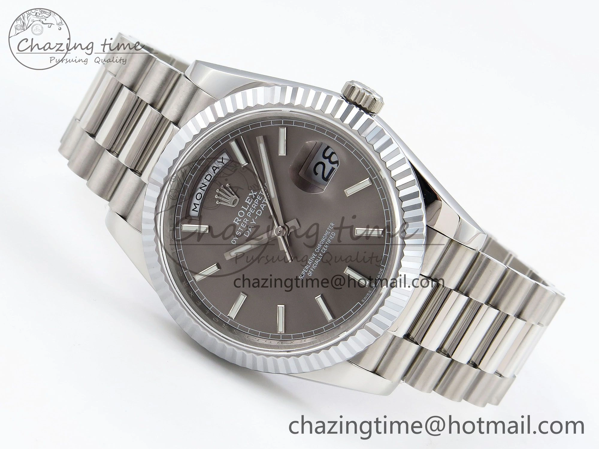 DayDate 40 SS JDF 904L Steel Gray Stick Dial on President Bracelet VR3255 V3 (Gain Weight)