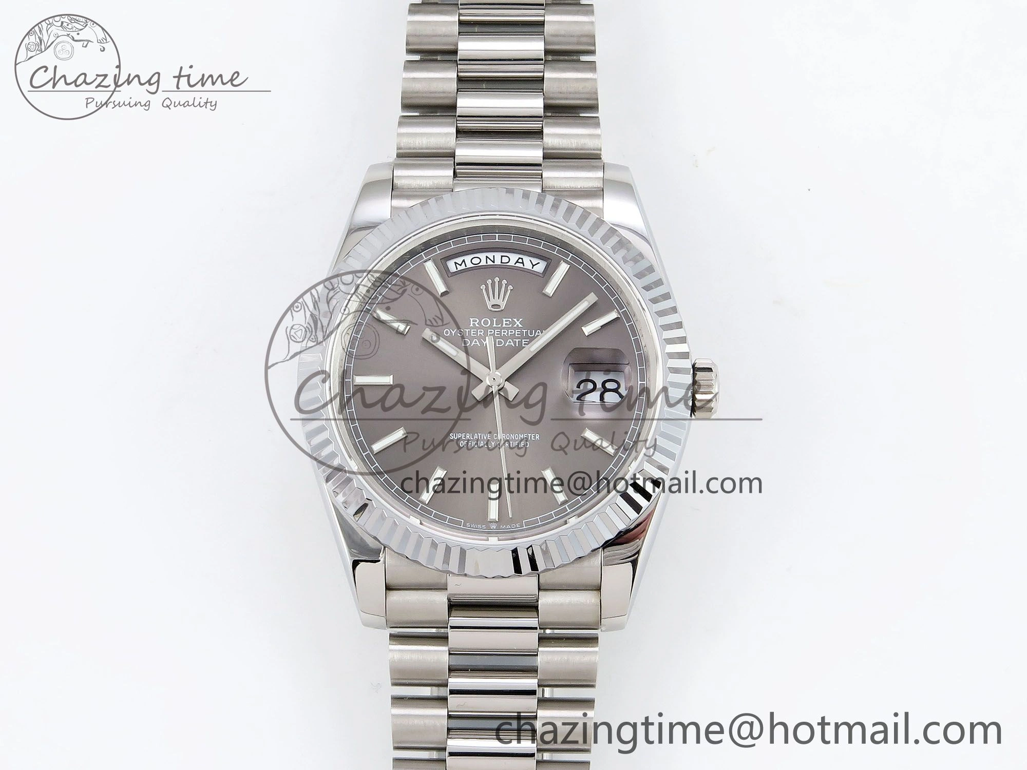 DayDate 40 SS JDF 904L Steel Gray Stick Dial on President Bracelet VR3255 V3 (Gain Weight)