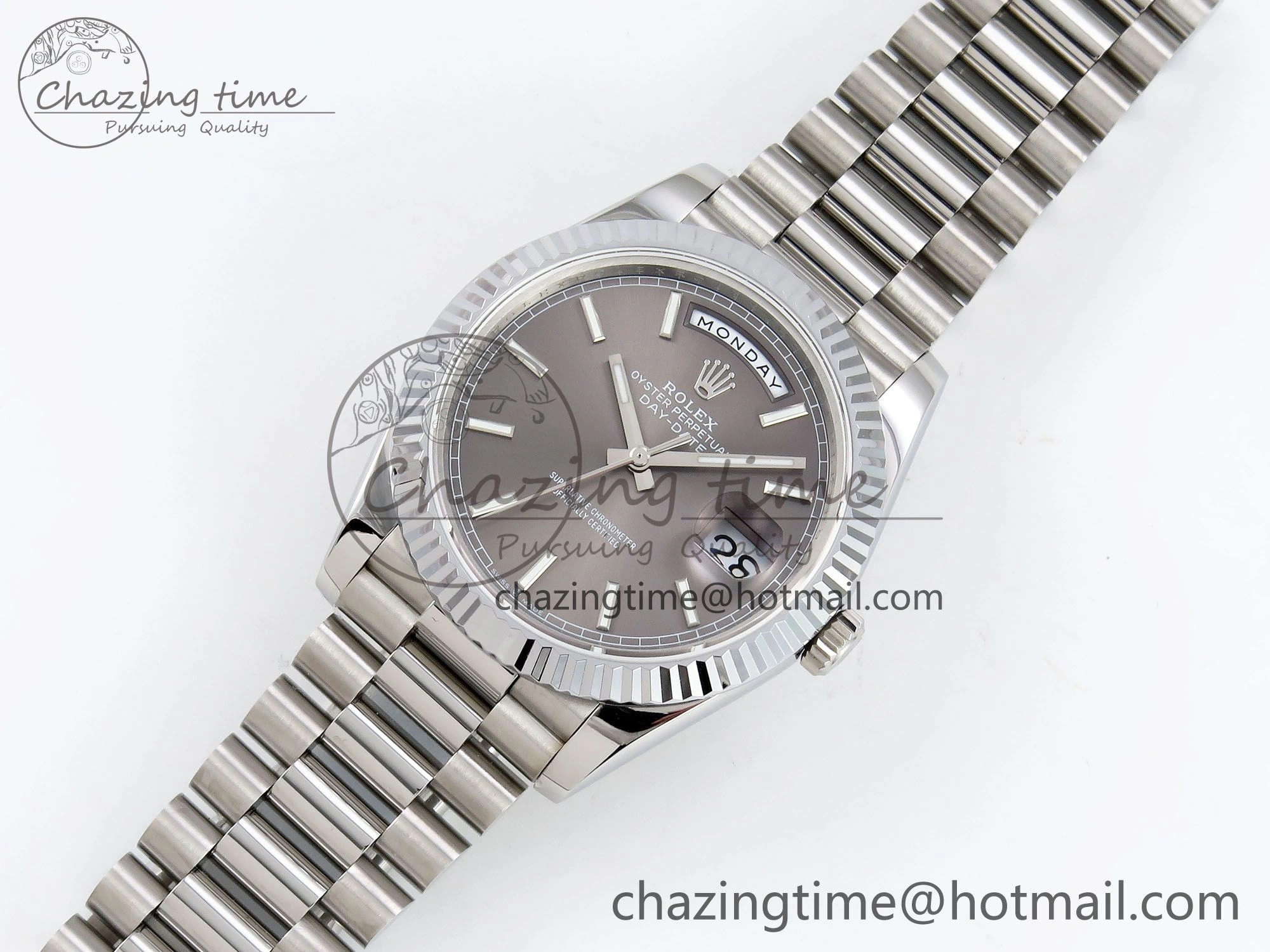 DayDate 40 SS JDF 904L Steel Gray Stick Dial on President Bracelet VR3255 V3 (Gain Weight)