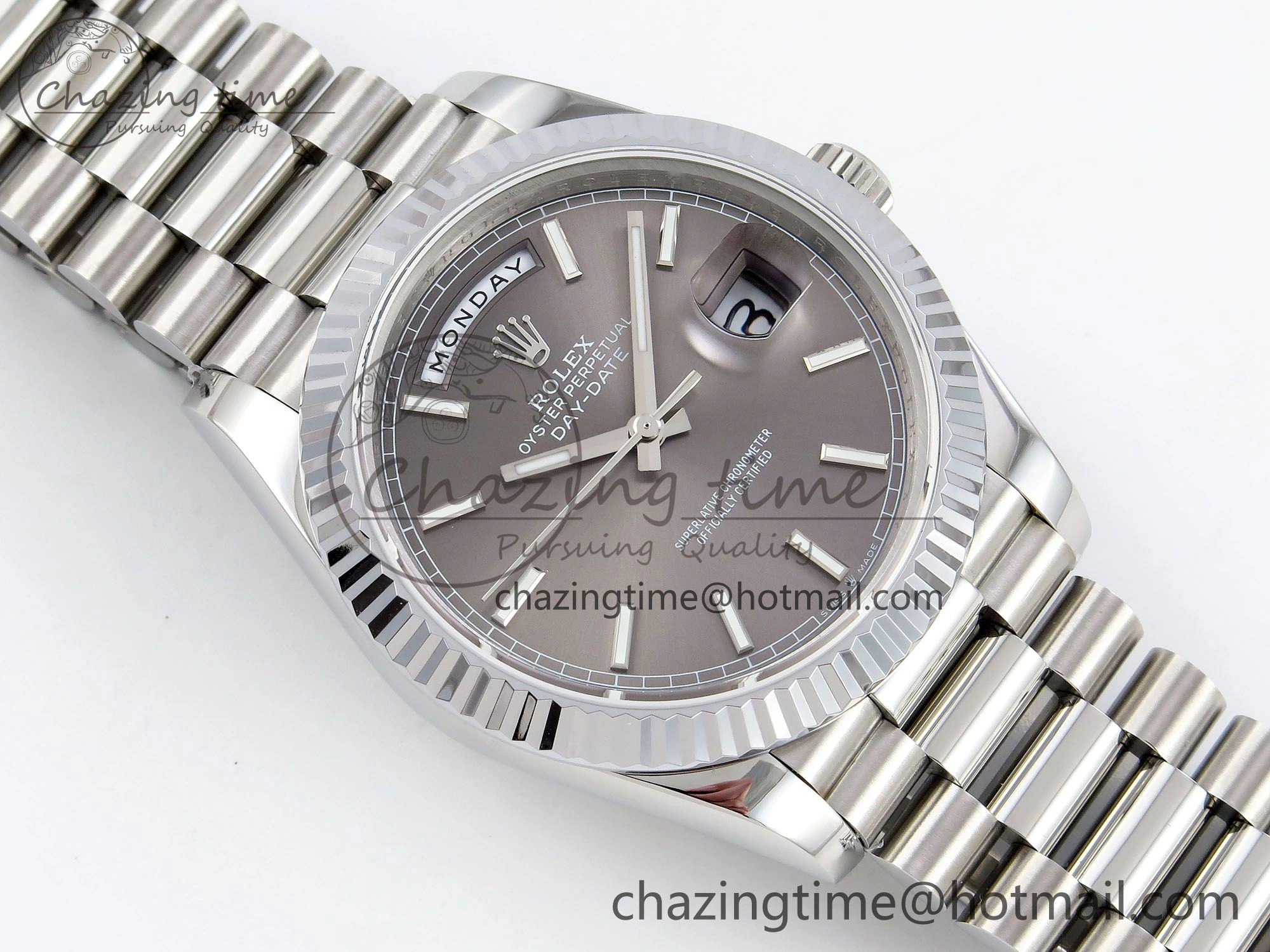 DayDate 40 SS JDF 904L Steel Gray Stick Dial on President Bracelet VR3255 V3 (Gain Weight)