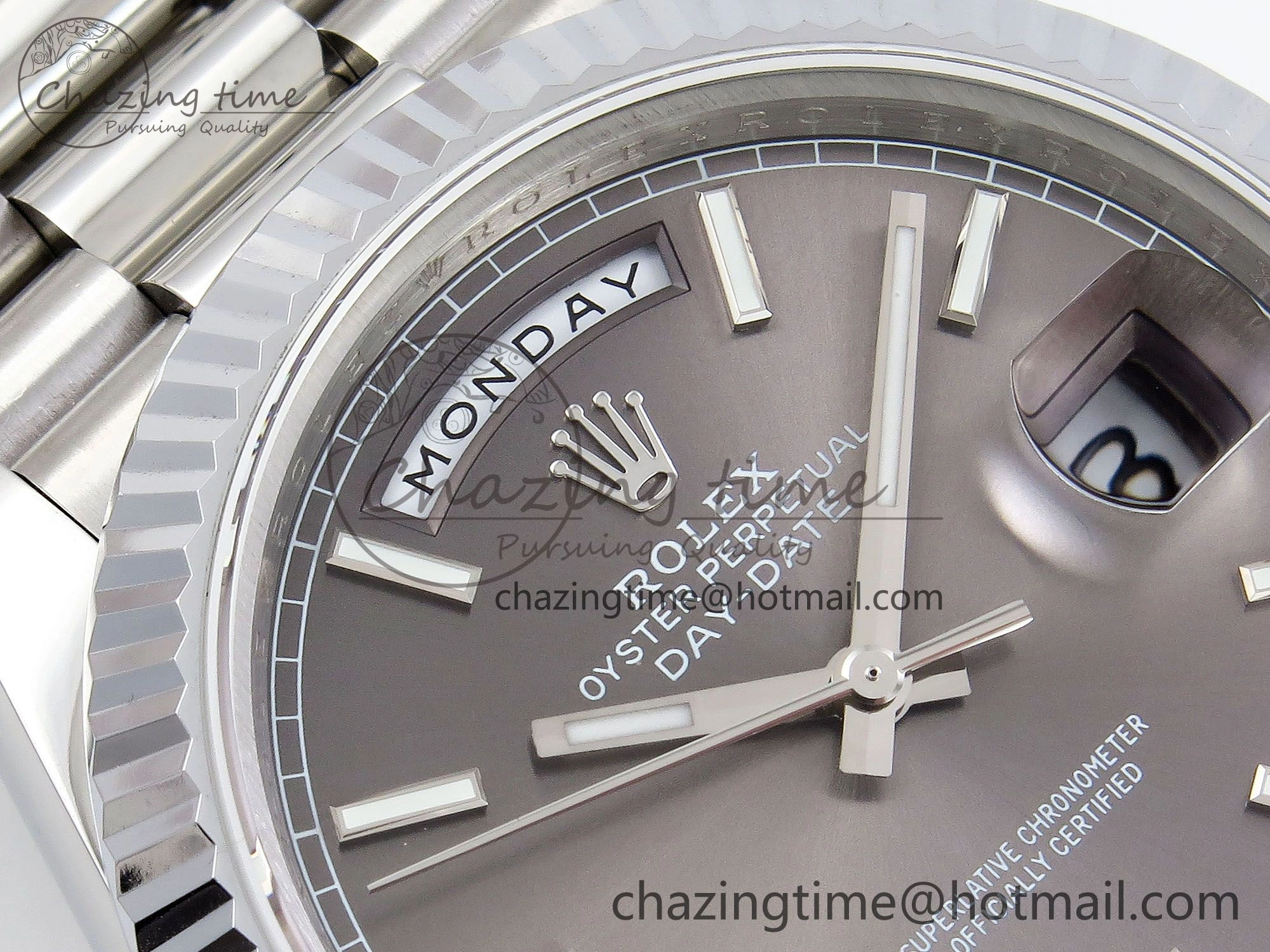 DayDate 40 SS JDF 904L Steel Gray Stick Dial on President Bracelet VR3255 V3 (Gain Weight)