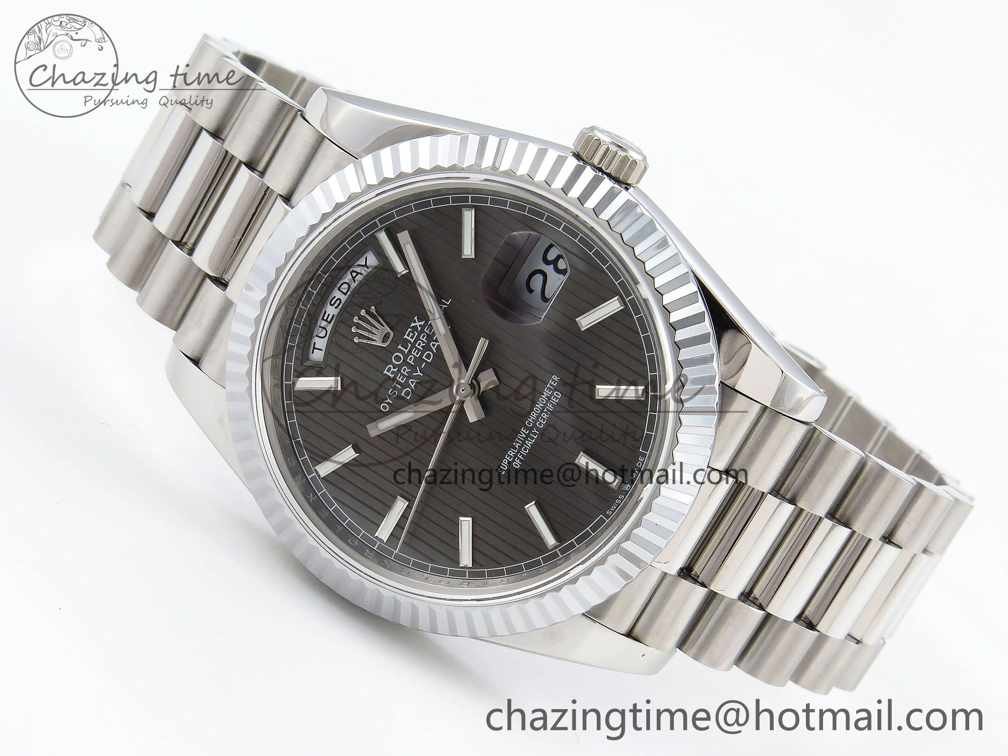 DayDate 40 SS JDF 904L Steel Gray Textured Stick Dial on President Bracelet VR3255 V3 (Gain Weight)