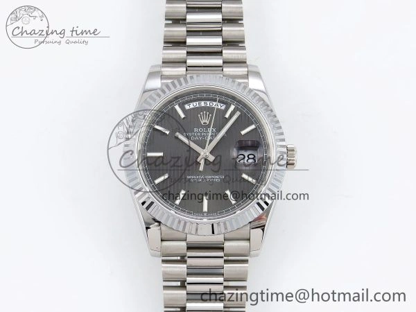 DayDate 40 SS JDF 904L Steel Gray Textured Stick Dial on President Bracelet VR3255 V3 (Gain Weight)