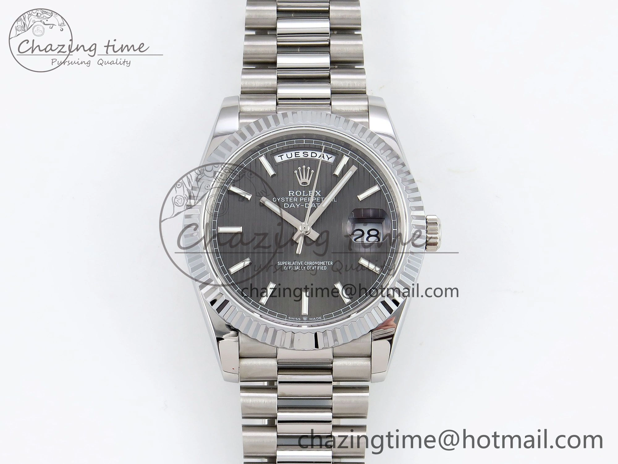 DayDate 40 SS JDF 904L Steel Gray Textured Stick Dial on President Bracelet VR3255 V3 (Gain Weight)