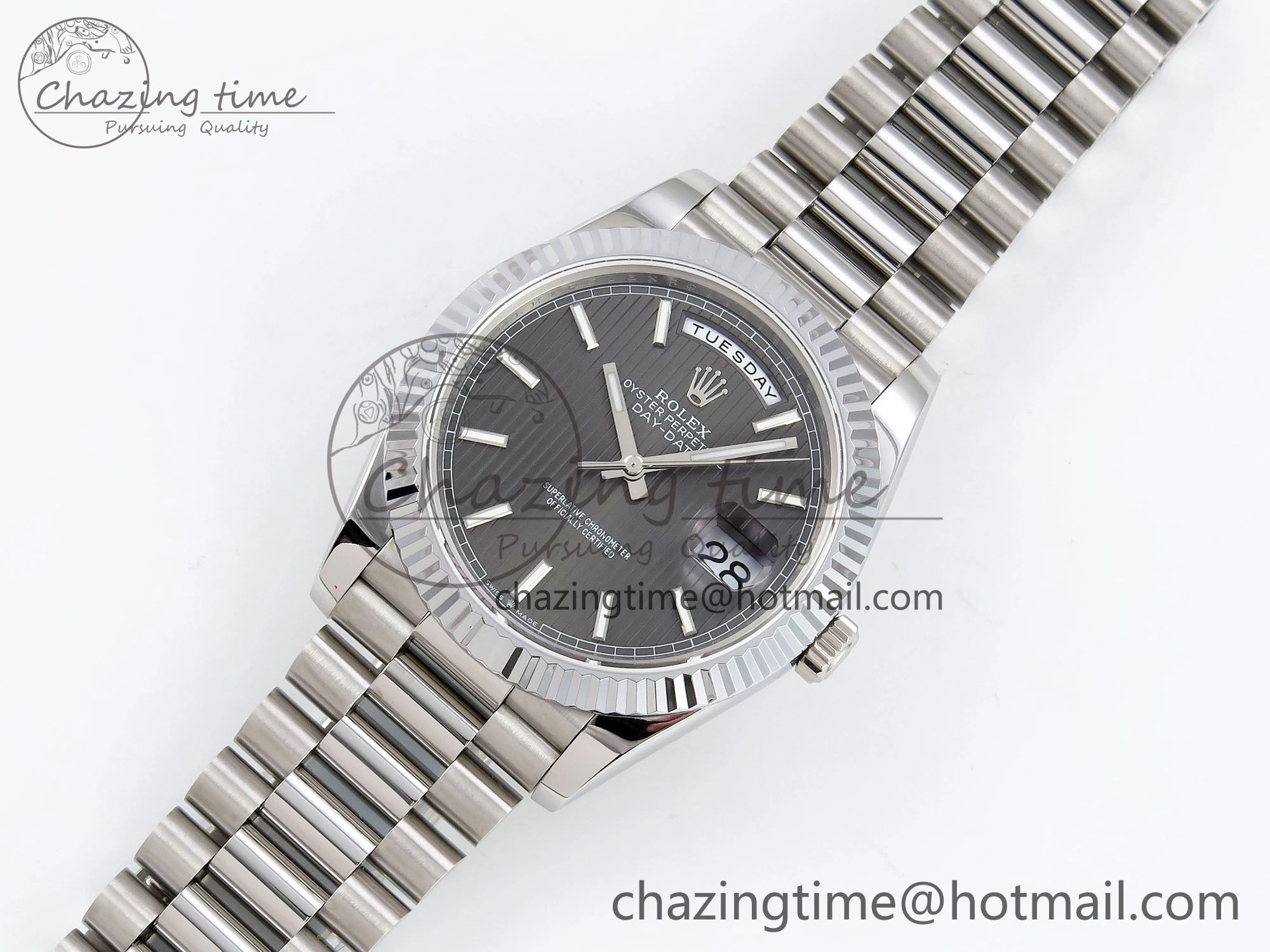 DayDate 40 SS JDF 904L Steel Gray Textured Stick Dial on President Bracelet VR3255 V3 (Gain Weight)