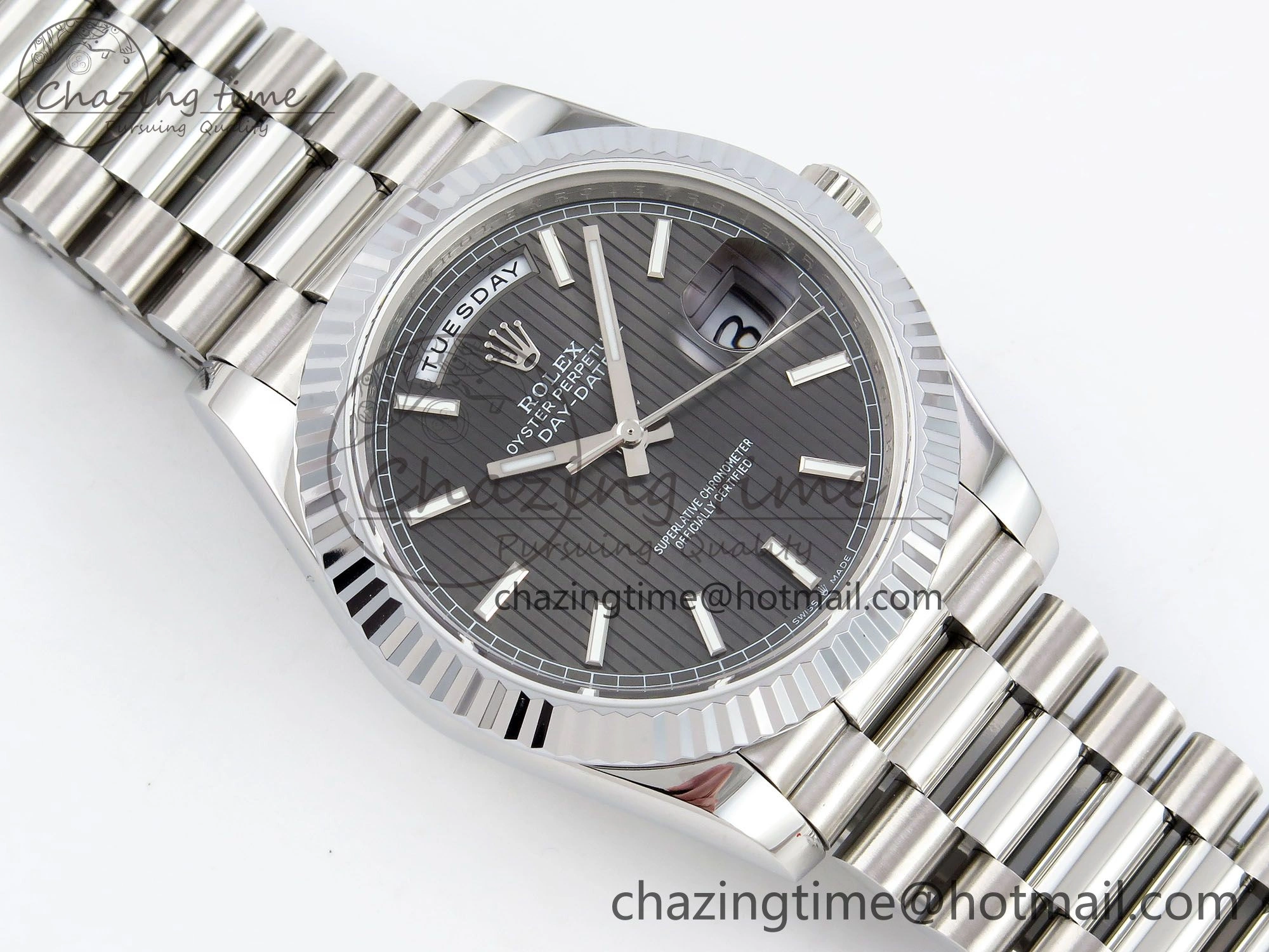 DayDate 40 SS JDF 904L Steel Gray Textured Stick Dial on President Bracelet VR3255 V3 (Gain Weight)