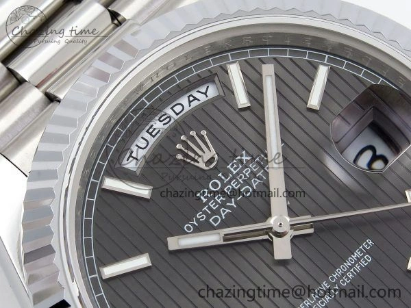 DayDate 40 SS JDF 904L Steel Gray Textured Stick Dial on President Bracelet VR3255 V3 (Gain Weight)