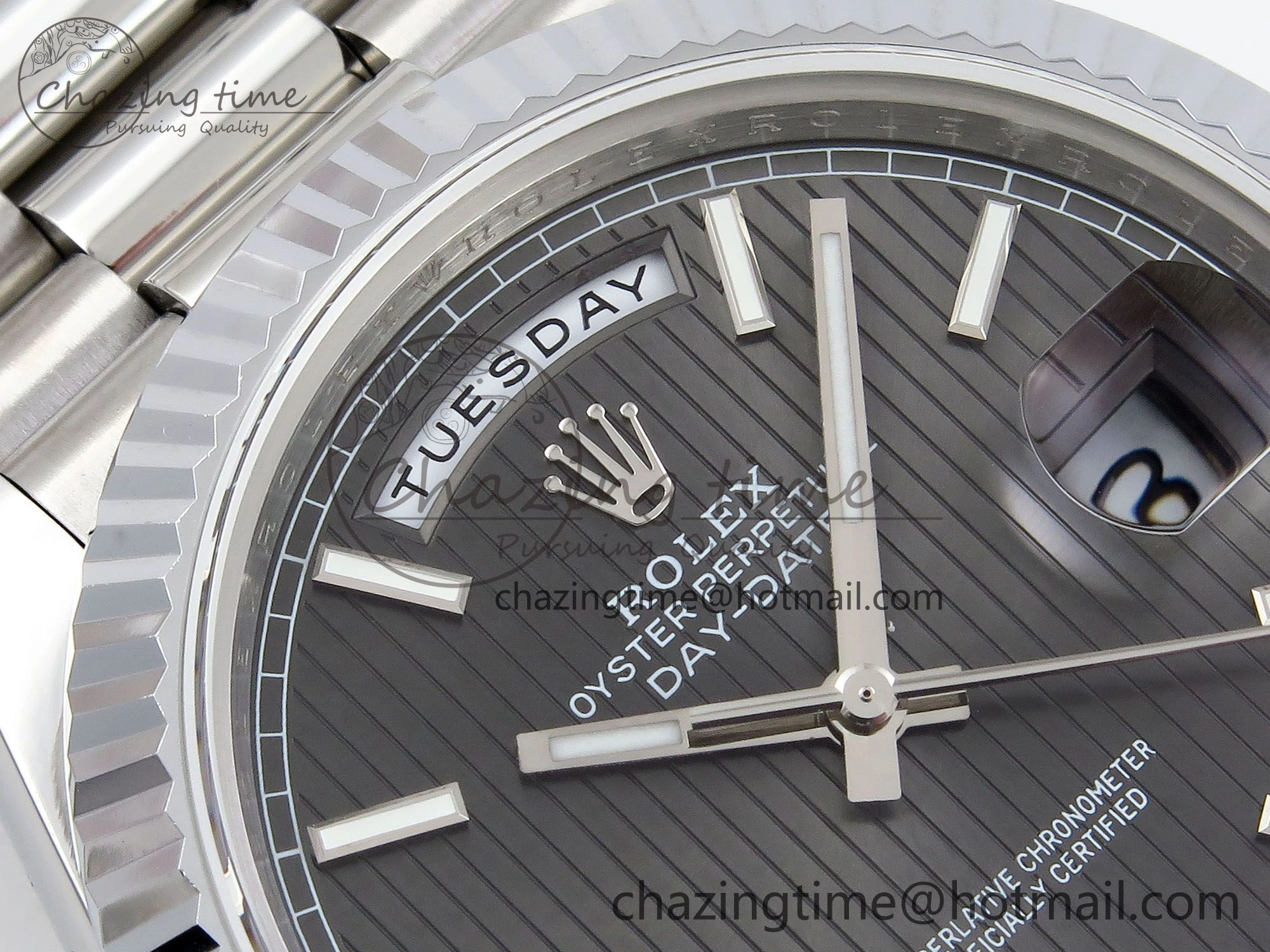DayDate 40 SS JDF 904L Steel Gray Textured Stick Dial on President Bracelet VR3255 V3 (Gain Weight)