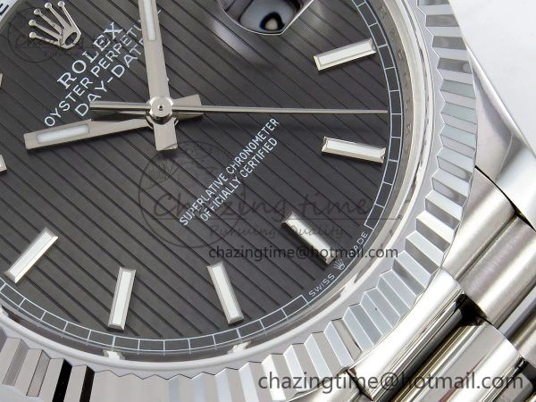 DayDate 40 SS JDF 904L Steel Gray Textured Stick Dial on President Bracelet VR3255 V3 (Gain Weight)