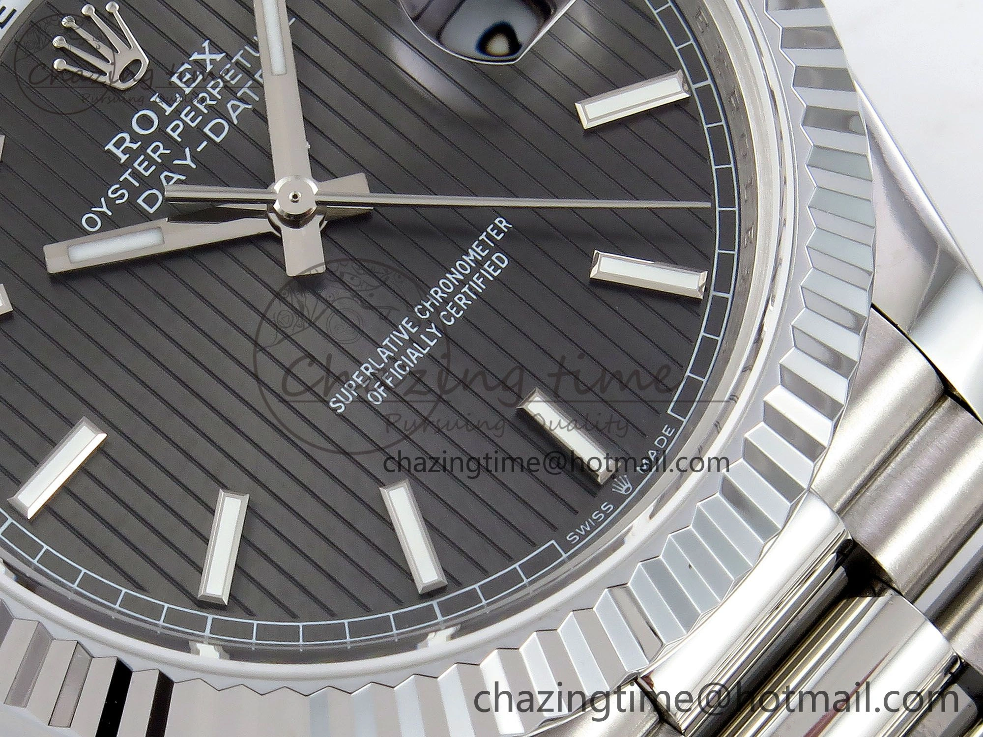 DayDate 40 SS JDF 904L Steel Gray Textured Stick Dial on President Bracelet VR3255 V3 (Gain Weight)
