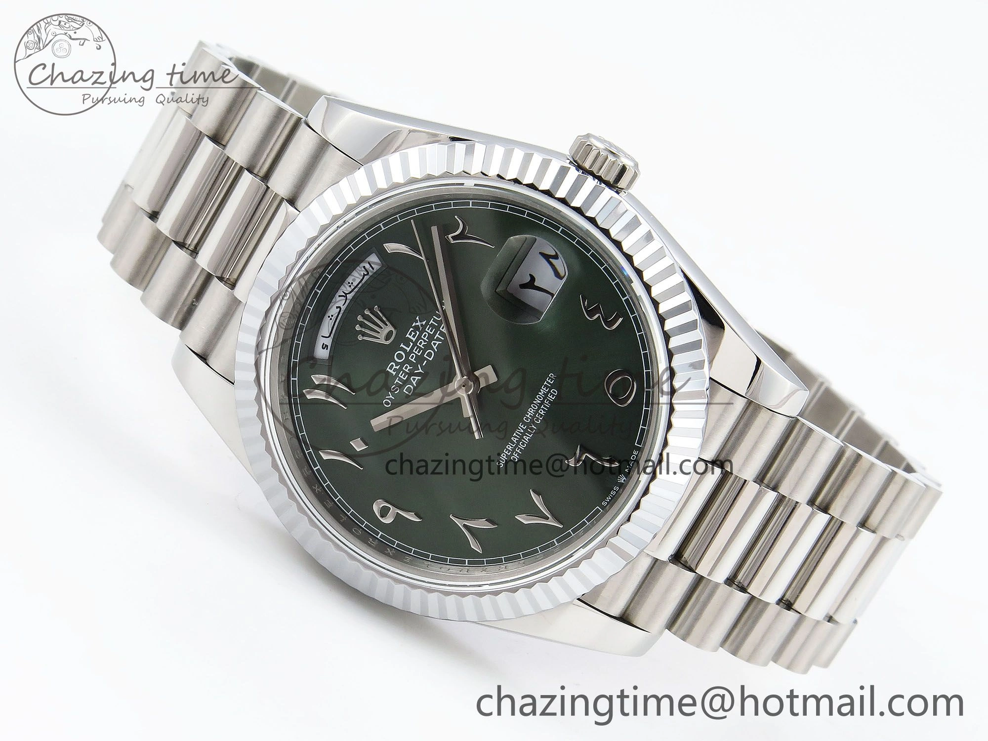 DayDate 40 SS JDF 904L Steel Green Arabic Dial on President Bracelet VR3255 V3 (Gain Weight)