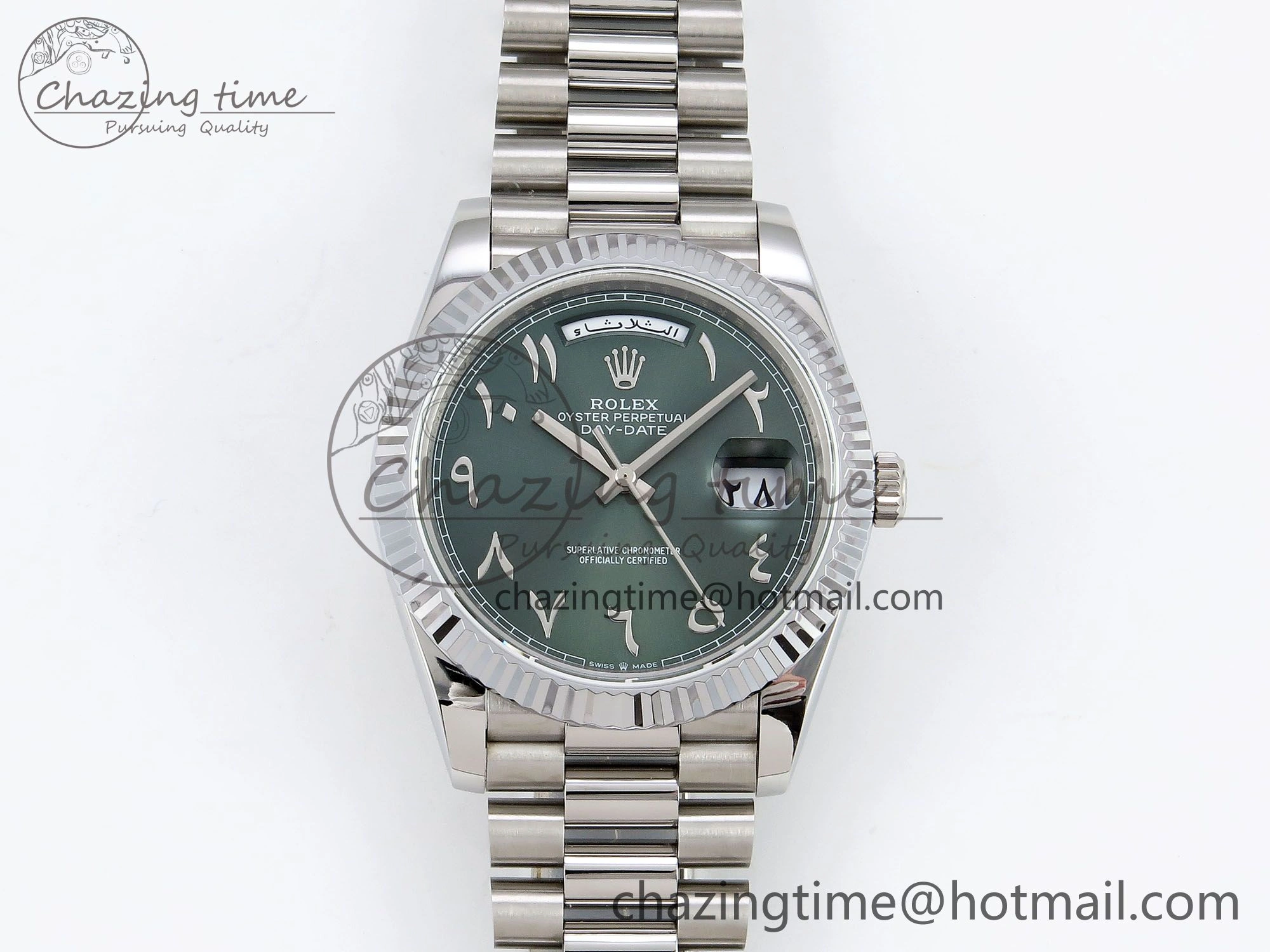 DayDate 40 SS JDF 904L Steel Green Arabic Dial on President Bracelet VR3255 V3 (Gain Weight)