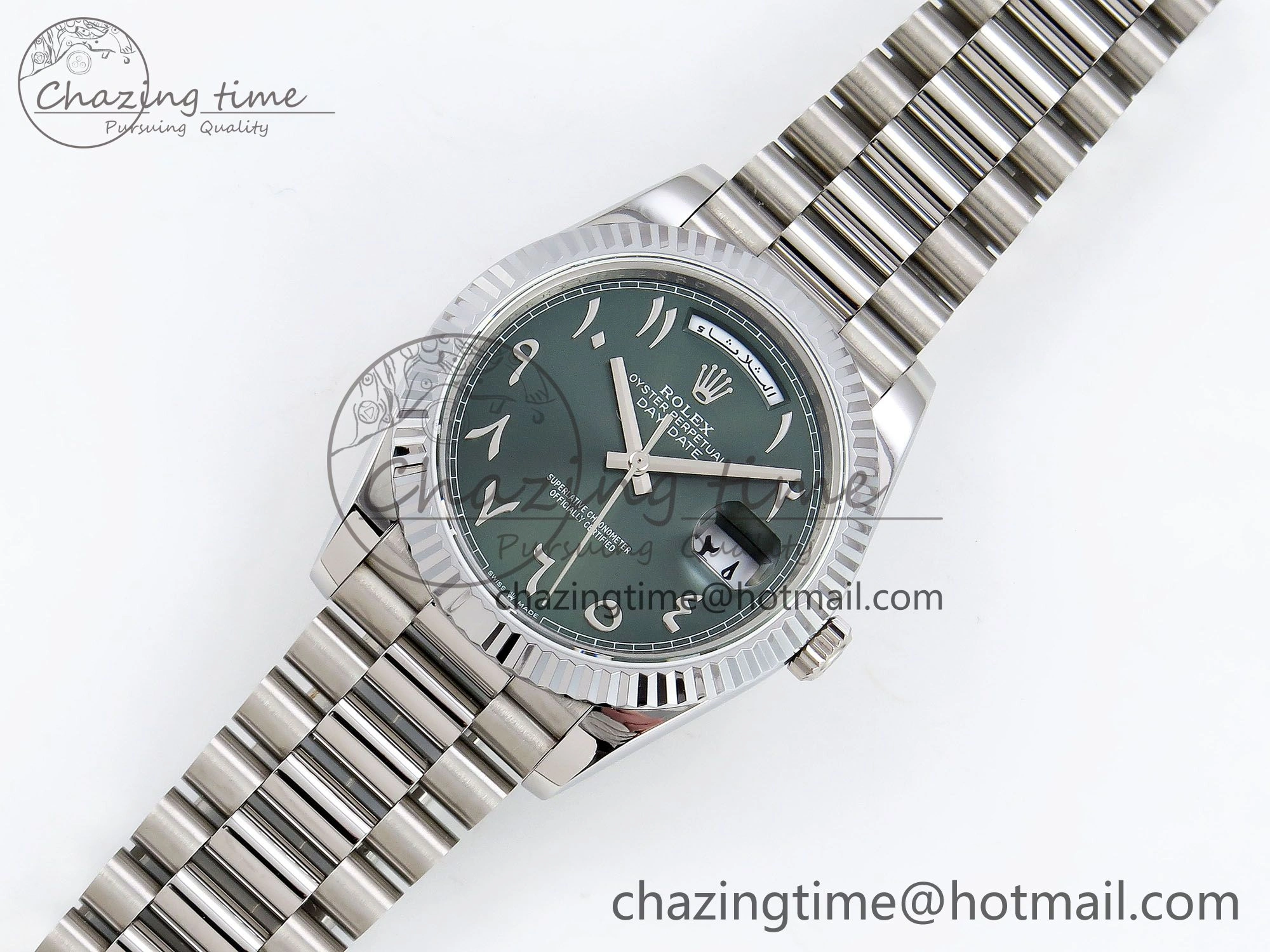 DayDate 40 SS JDF 904L Steel Green Arabic Dial on President Bracelet VR3255 V3 (Gain Weight)