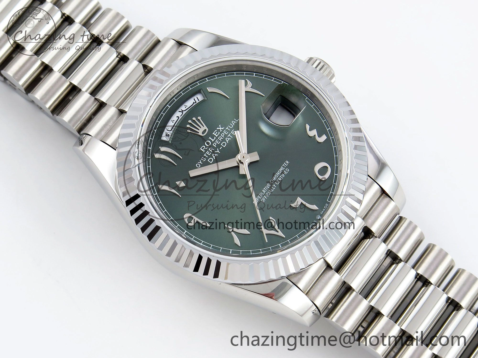 DayDate 40 SS JDF 904L Steel Green Arabic Dial on President Bracelet VR3255 V3 (Gain Weight)