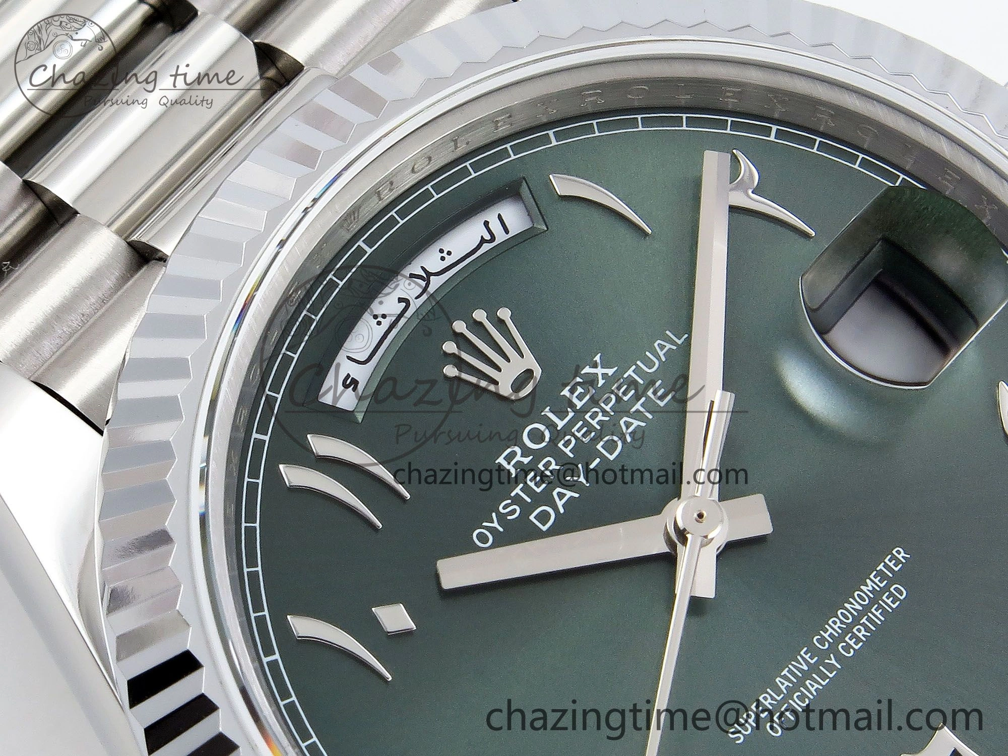 DayDate 40 SS JDF 904L Steel Green Arabic Dial on President Bracelet VR3255 V3 (Gain Weight)
