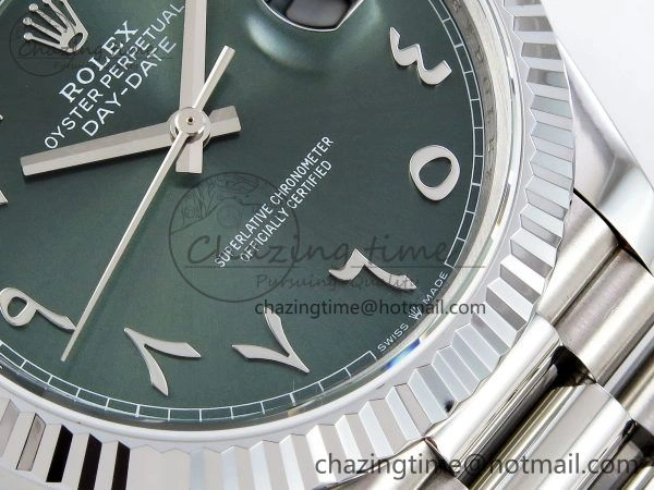 DayDate 40 SS JDF 904L Steel Green Arabic Dial on President Bracelet VR3255 V3 (Gain Weight)