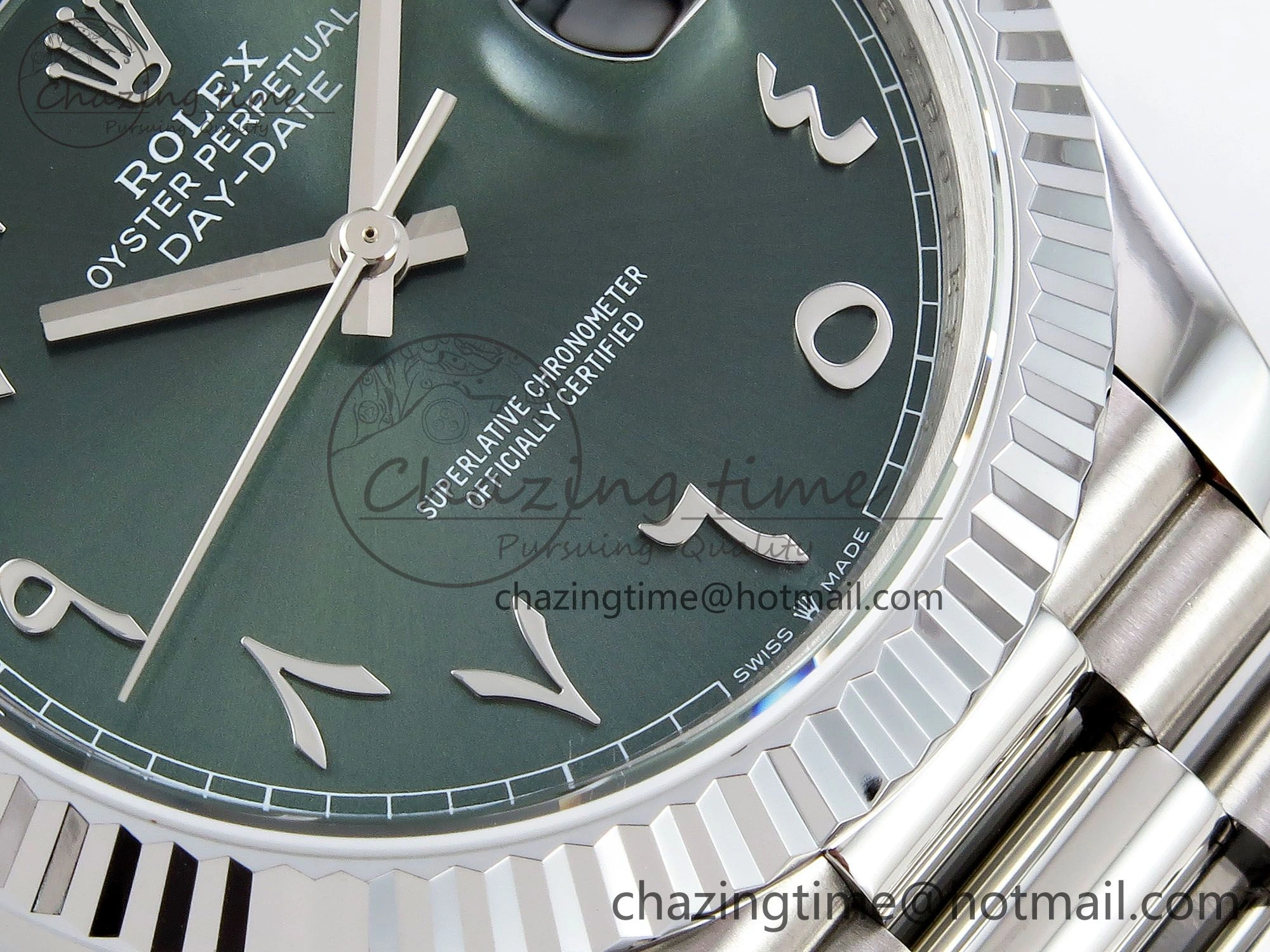 DayDate 40 SS JDF 904L Steel Green Arabic Dial on President Bracelet VR3255 V3 (Gain Weight)