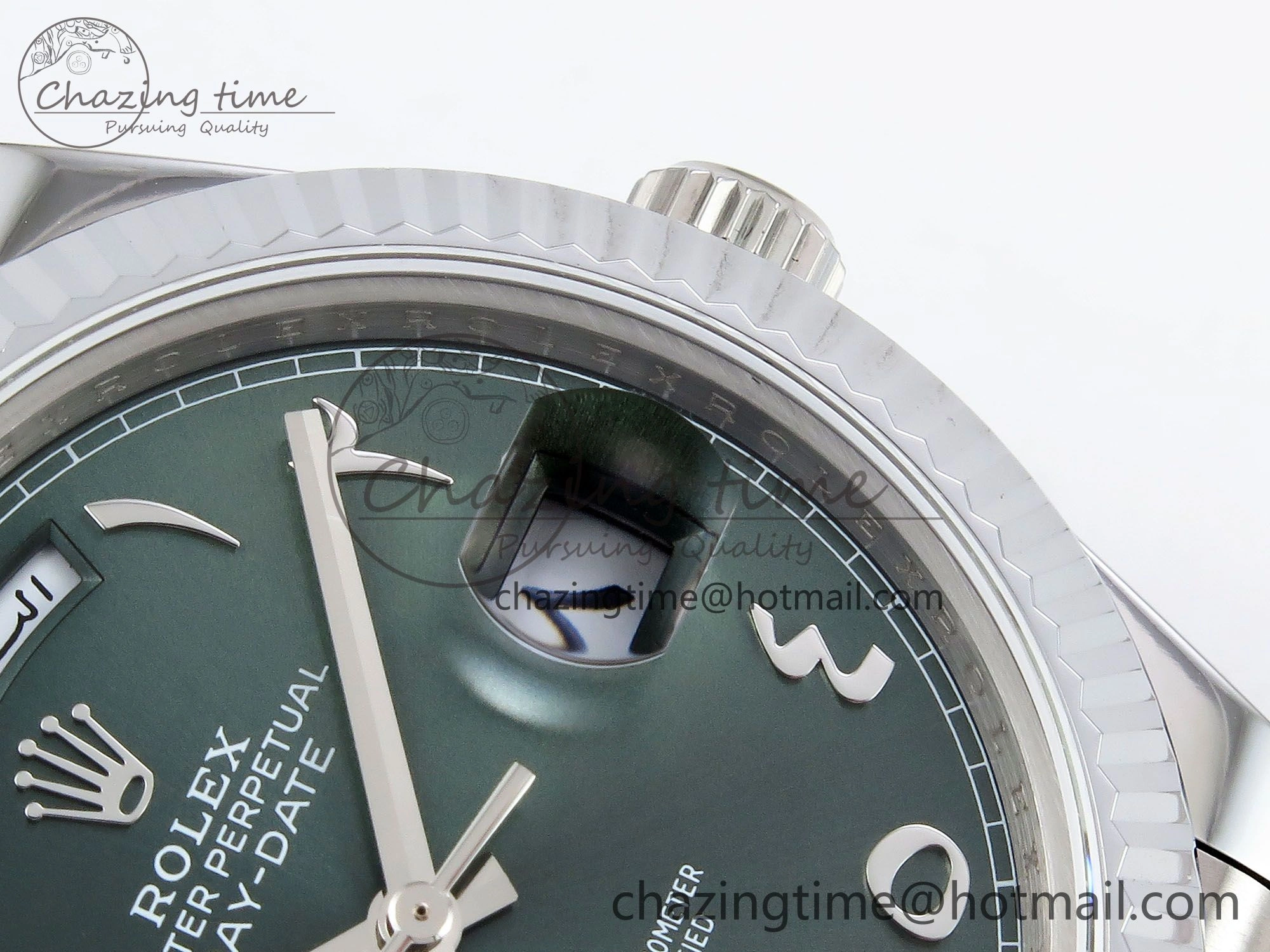 DayDate 40 SS JDF 904L Steel Green Arabic Dial on President Bracelet VR3255 V3 (Gain Weight)