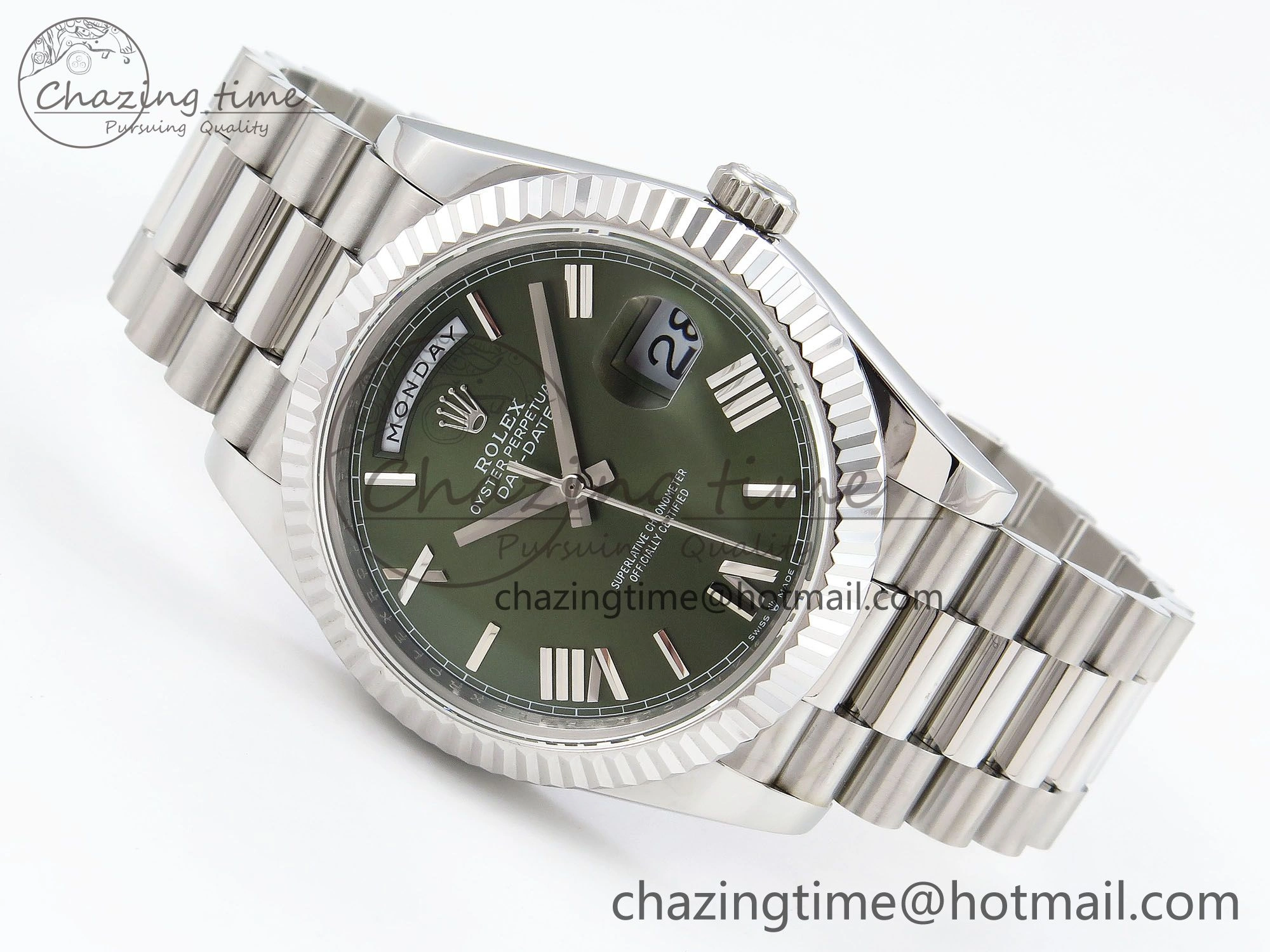 DayDate 40 SS JDF 904L Steel Green Roman Dial on President Bracelet VR3255 V3 (Gain Weight)