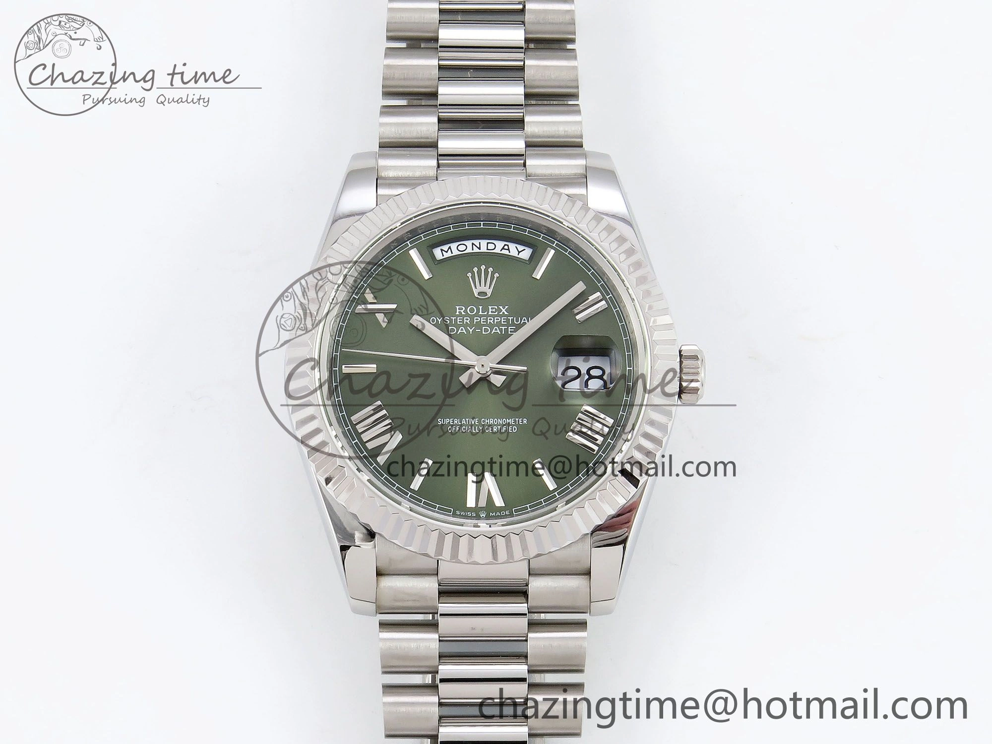 DayDate 40 SS JDF 904L Steel Green Roman Dial on President Bracelet VR3255 V3 (Gain Weight)