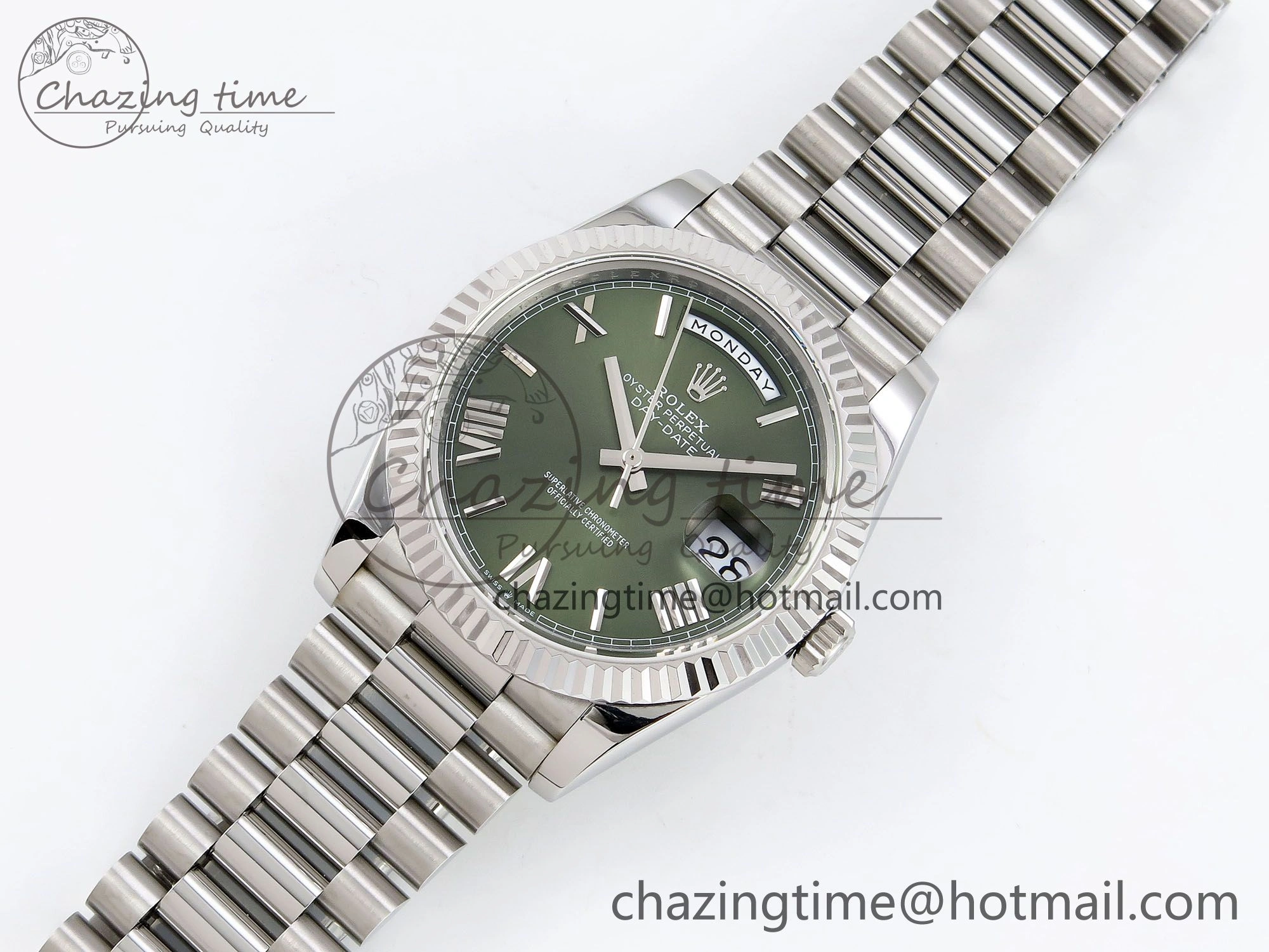 DayDate 40 SS JDF 904L Steel Green Roman Dial on President Bracelet VR3255 V3 (Gain Weight)