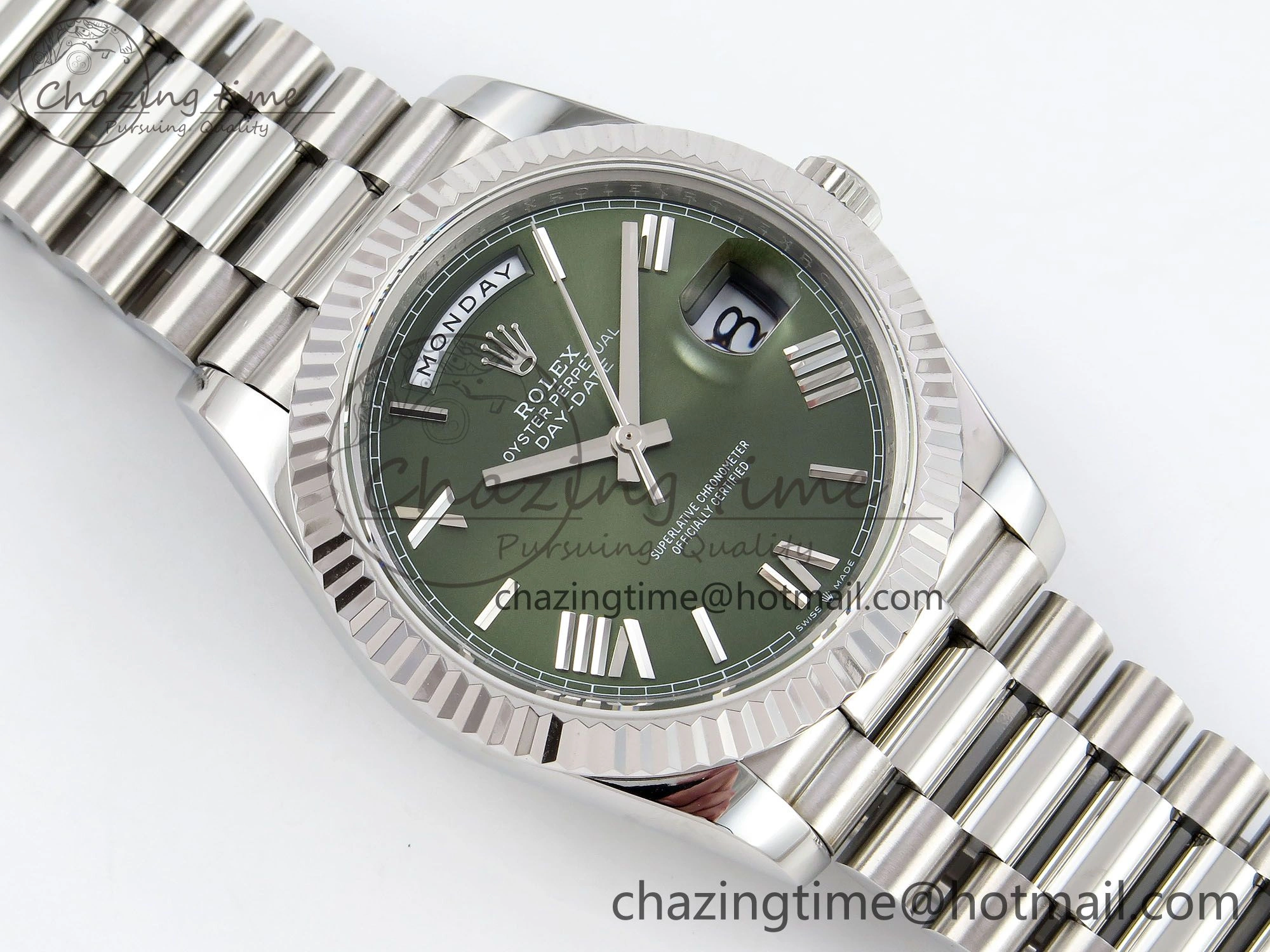 DayDate 40 SS JDF 904L Steel Green Roman Dial on President Bracelet VR3255 V3 (Gain Weight)