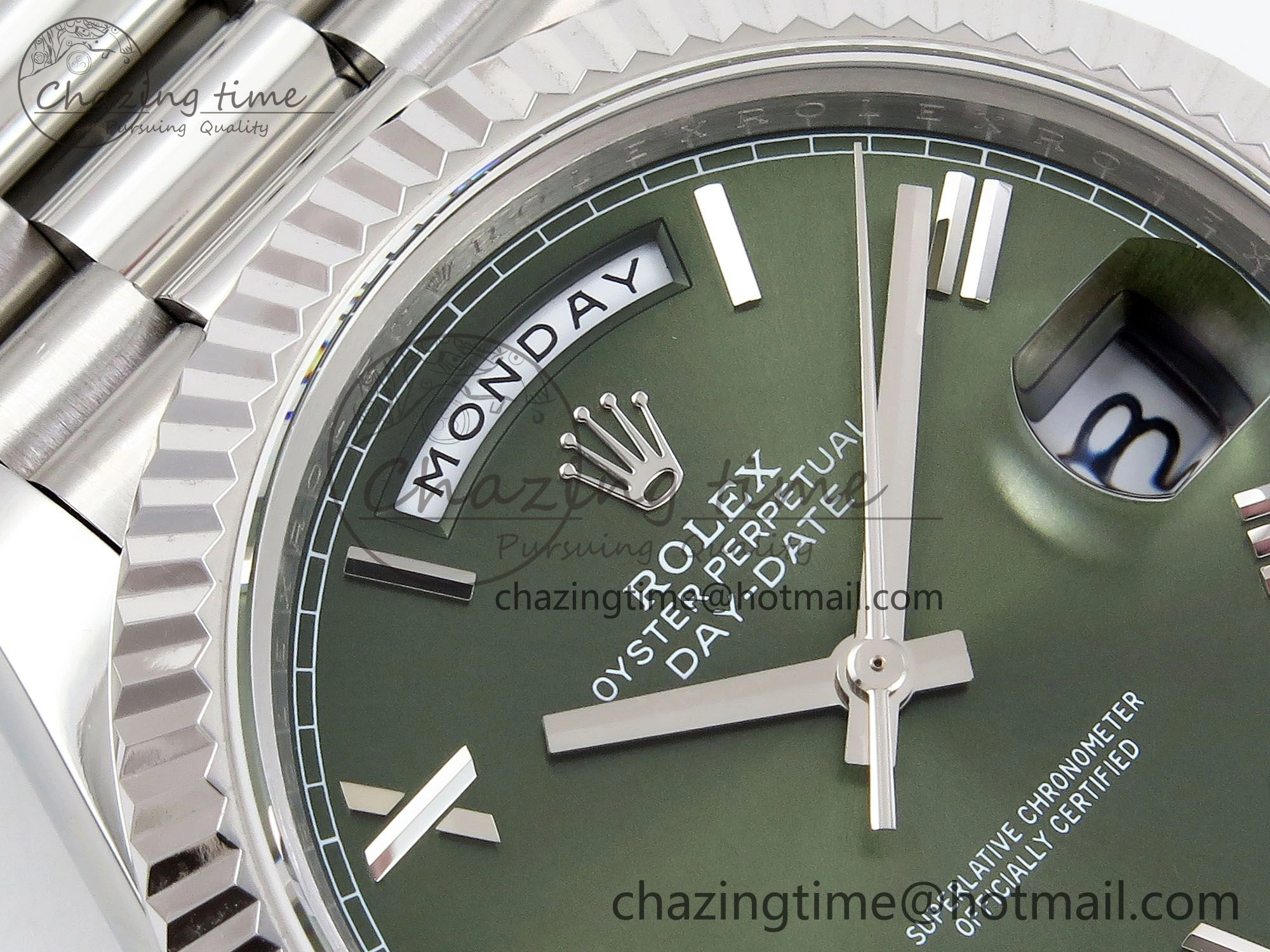 DayDate 40 SS JDF 904L Steel Green Roman Dial on President Bracelet VR3255 V3 (Gain Weight)