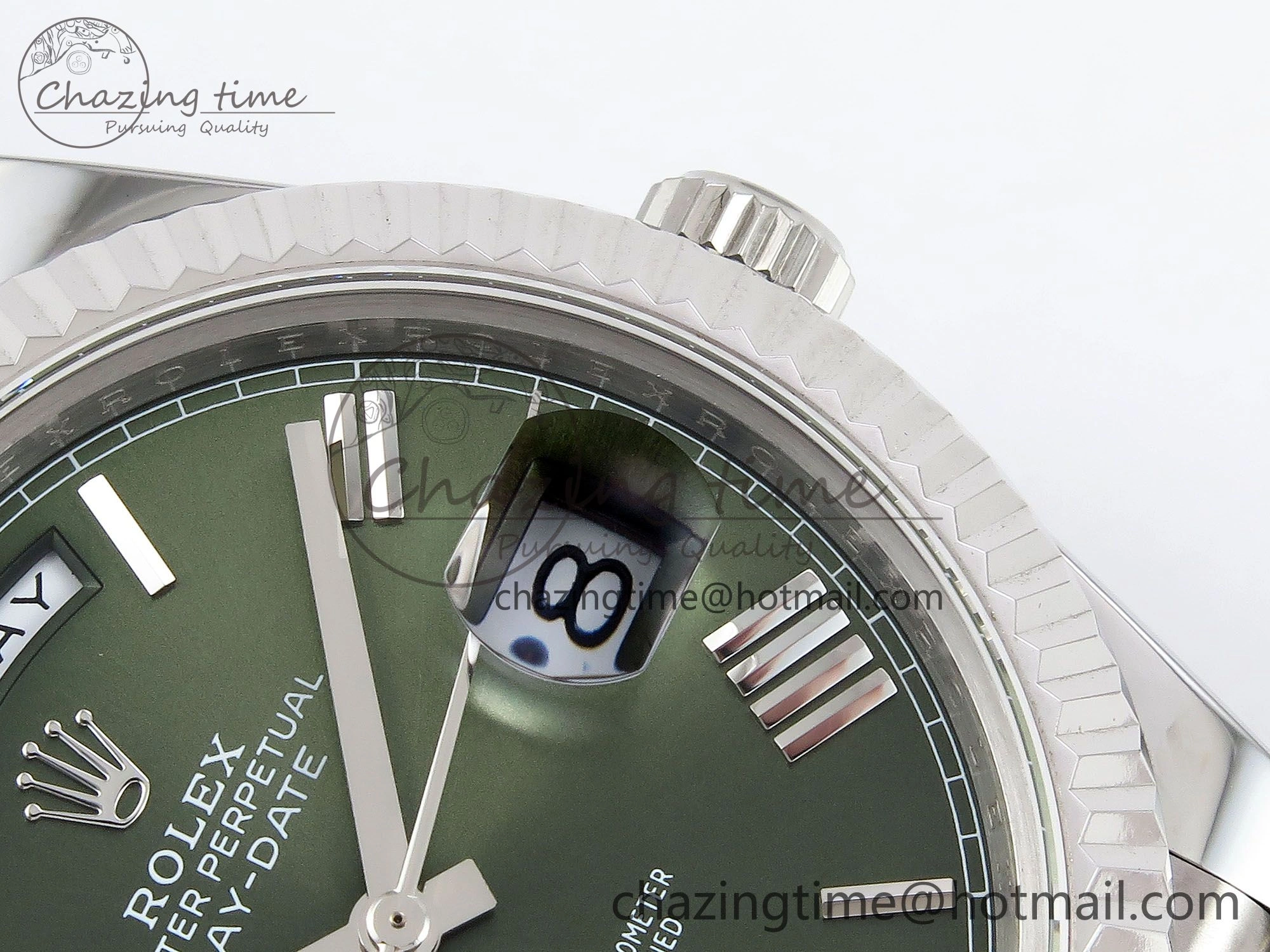 DayDate 40 SS JDF 904L Steel Green Roman Dial on President Bracelet VR3255 V3 (Gain Weight)